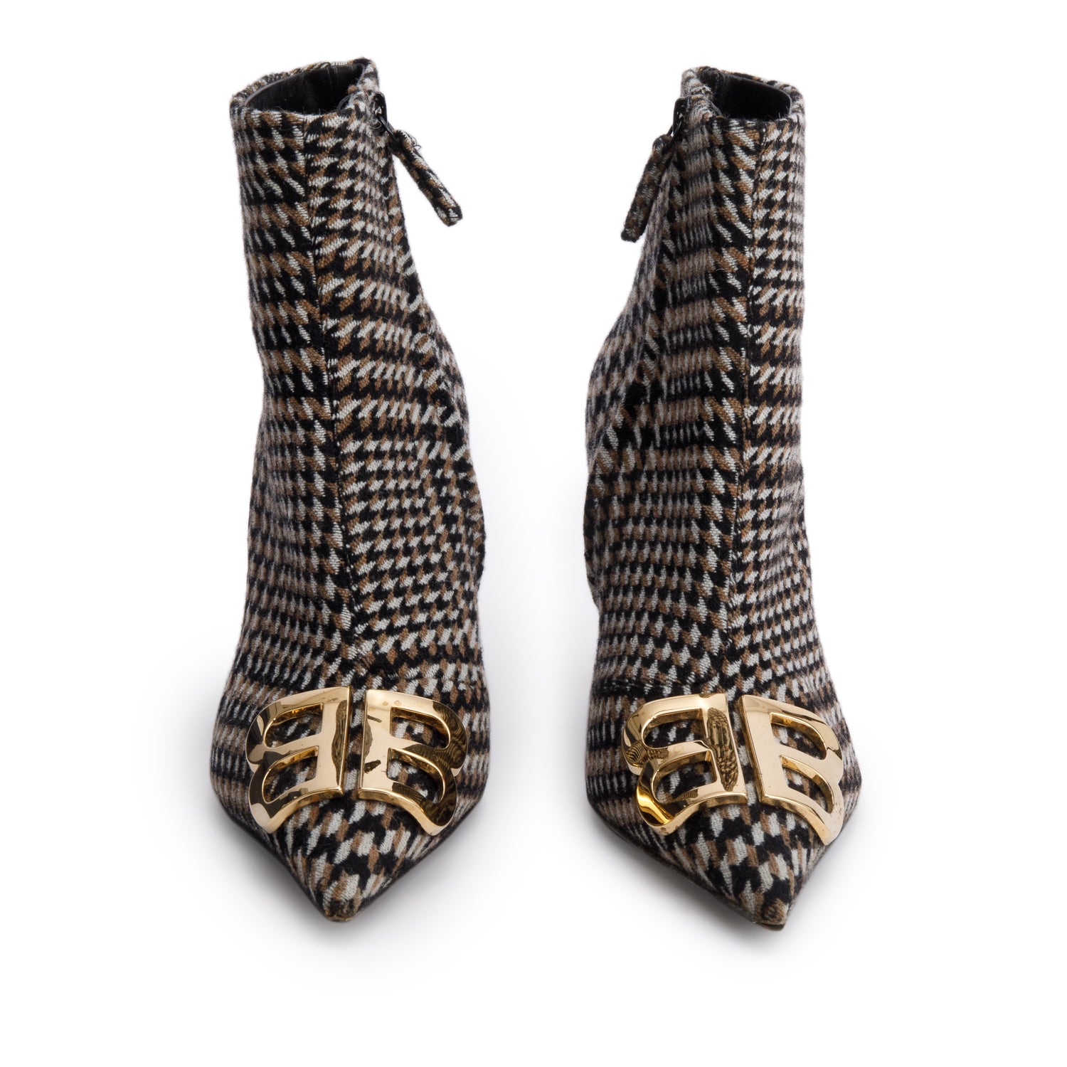 Balenciaga Black/Beige Houndstooth Wool BB Logo Knife Pointy Toe Ankle Boots, Size 37.5 w/ Box