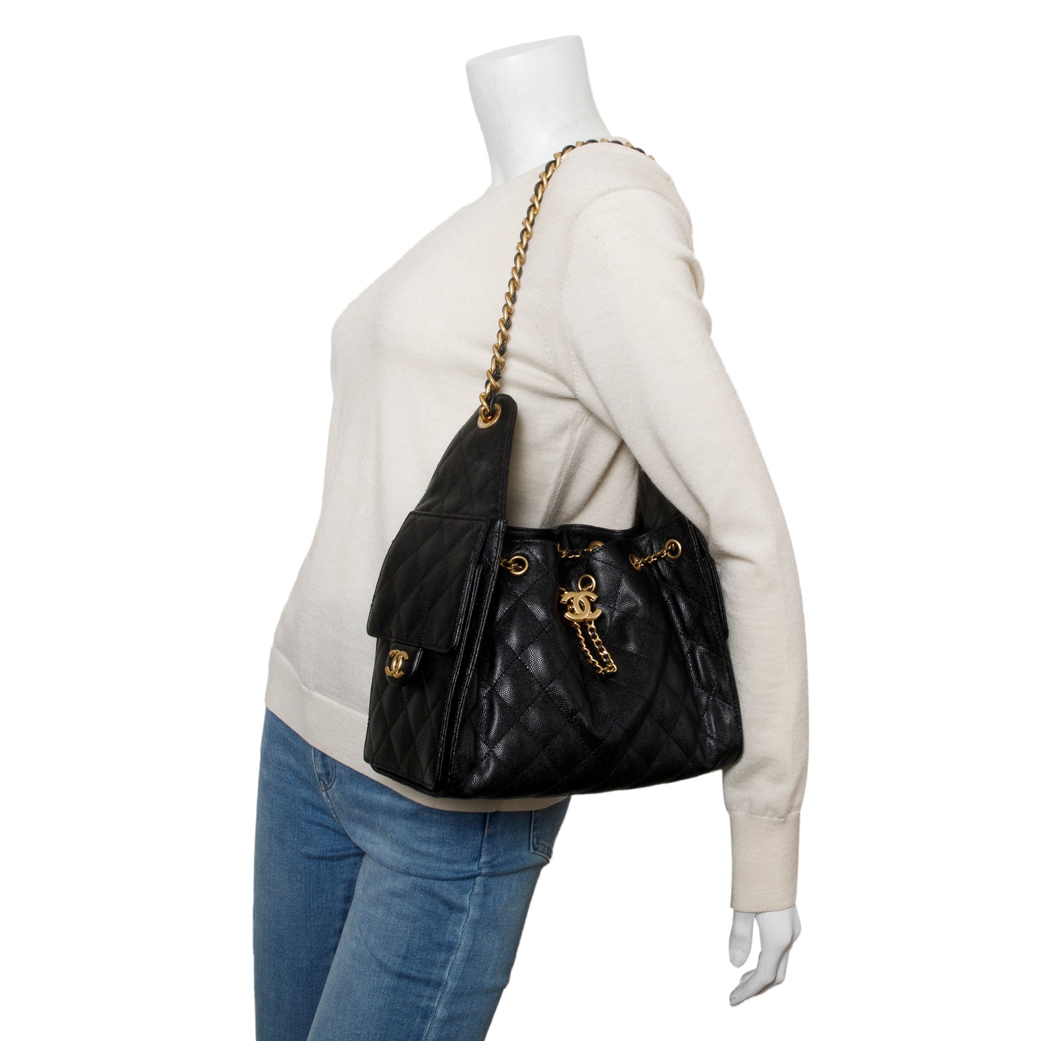 Chanel 2025 Black Caviar Leather 25 Small Bucket Bag w/ Box