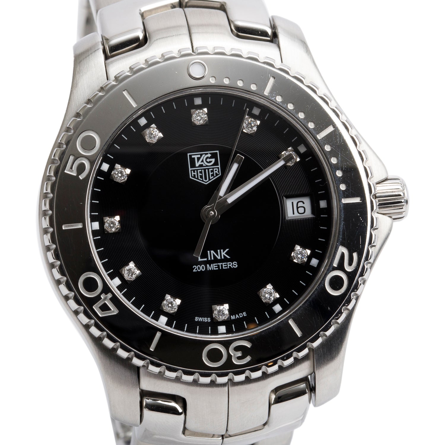 Tag Heuer Stainless Steel Link 38 MM Quartz Watch Black Diamond Dial WJ1113-0