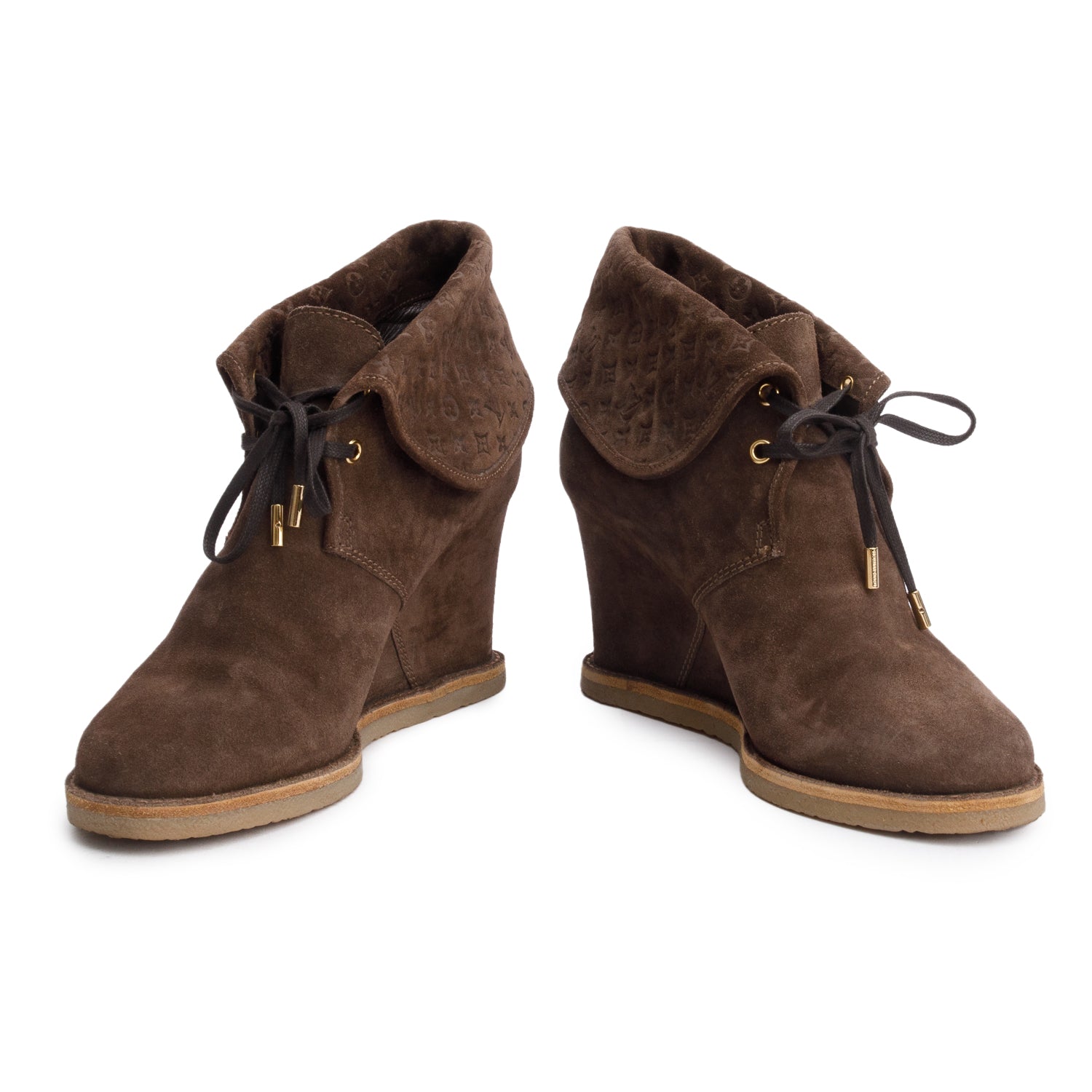 Louis Vuitton Brown Suede Monogram Lace Up Boots, Size 41