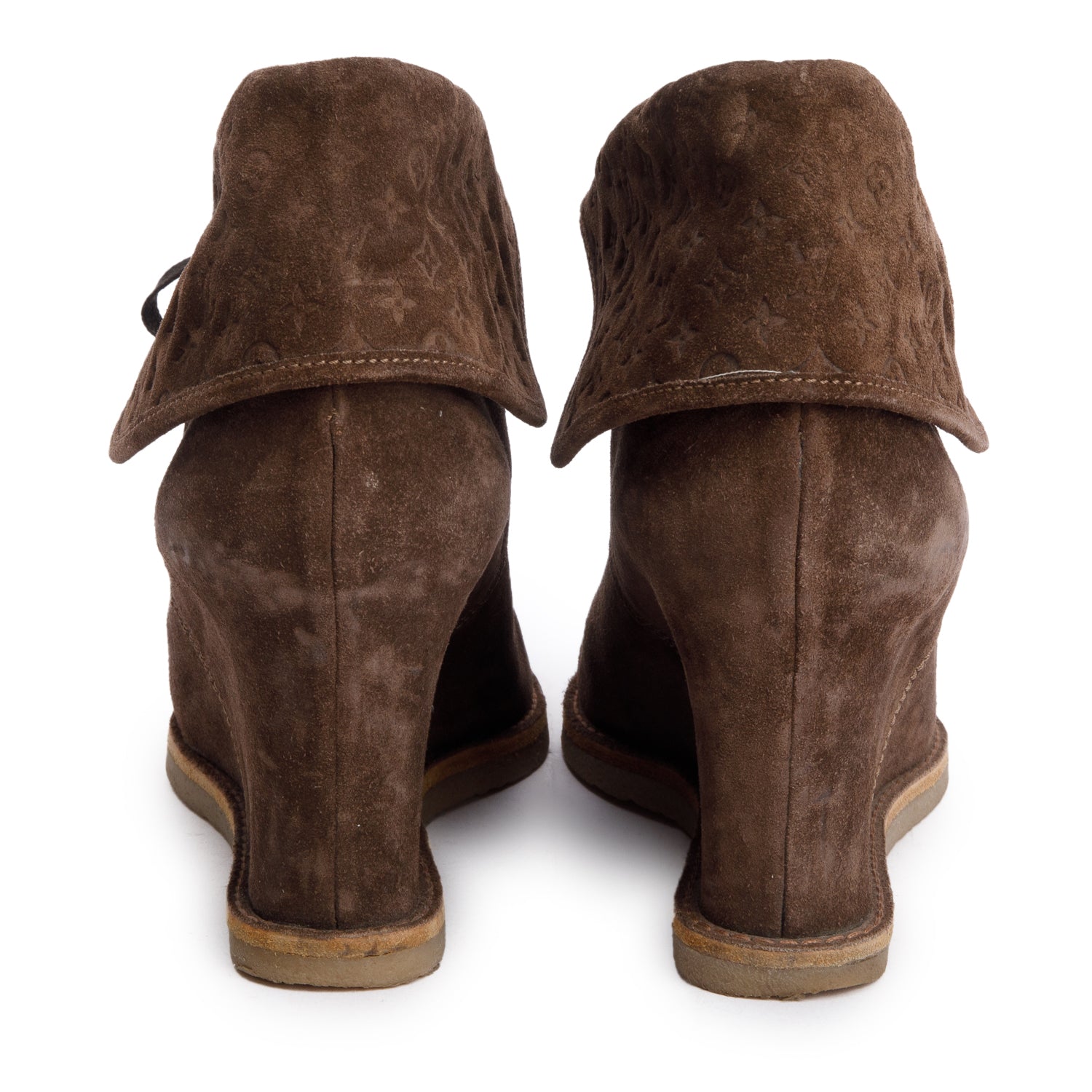 Louis Vuitton Brown Suede Monogram Lace Up Boots, Size 41