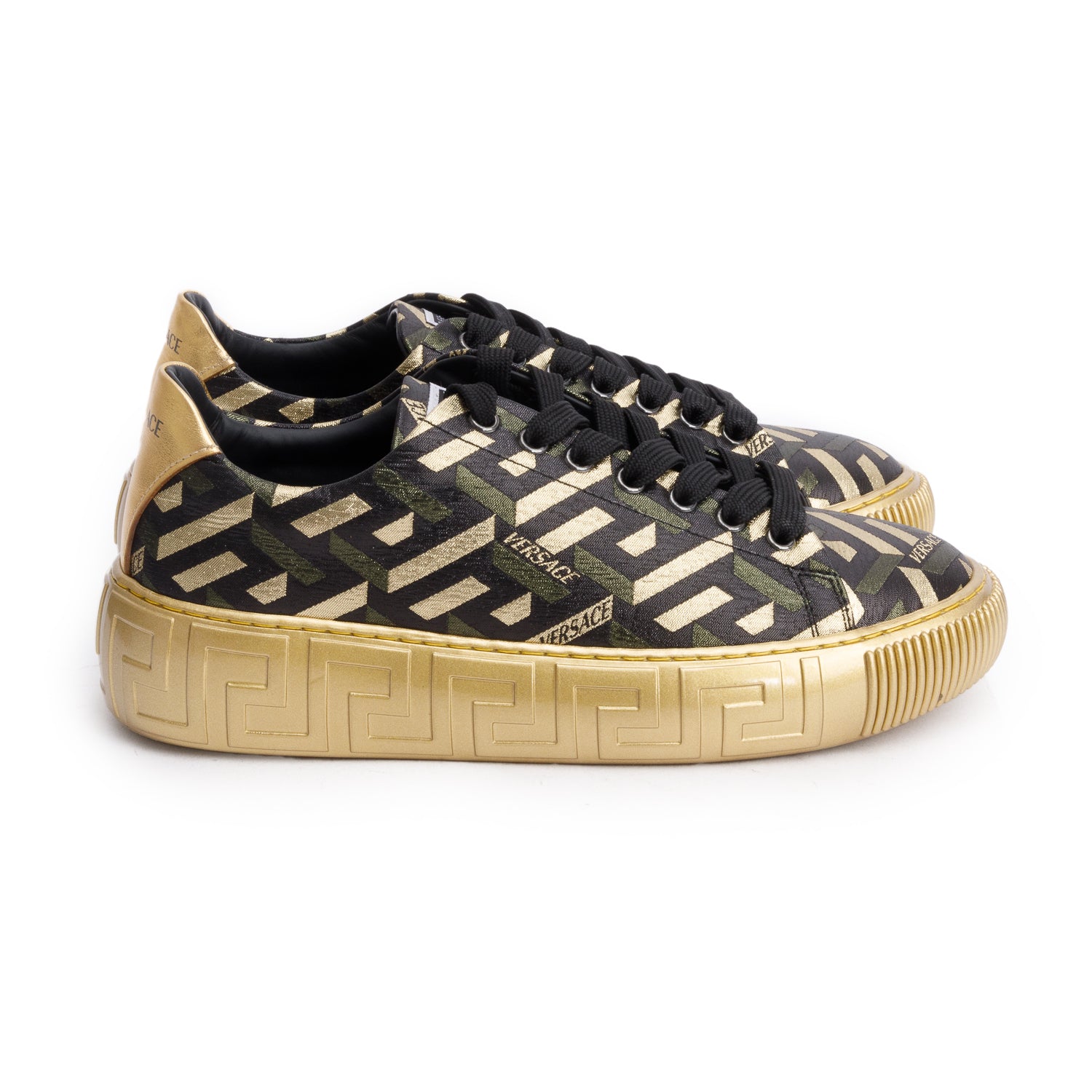 Versace Black Metallic La Greca Low-Top Sneakers, Size 38.5