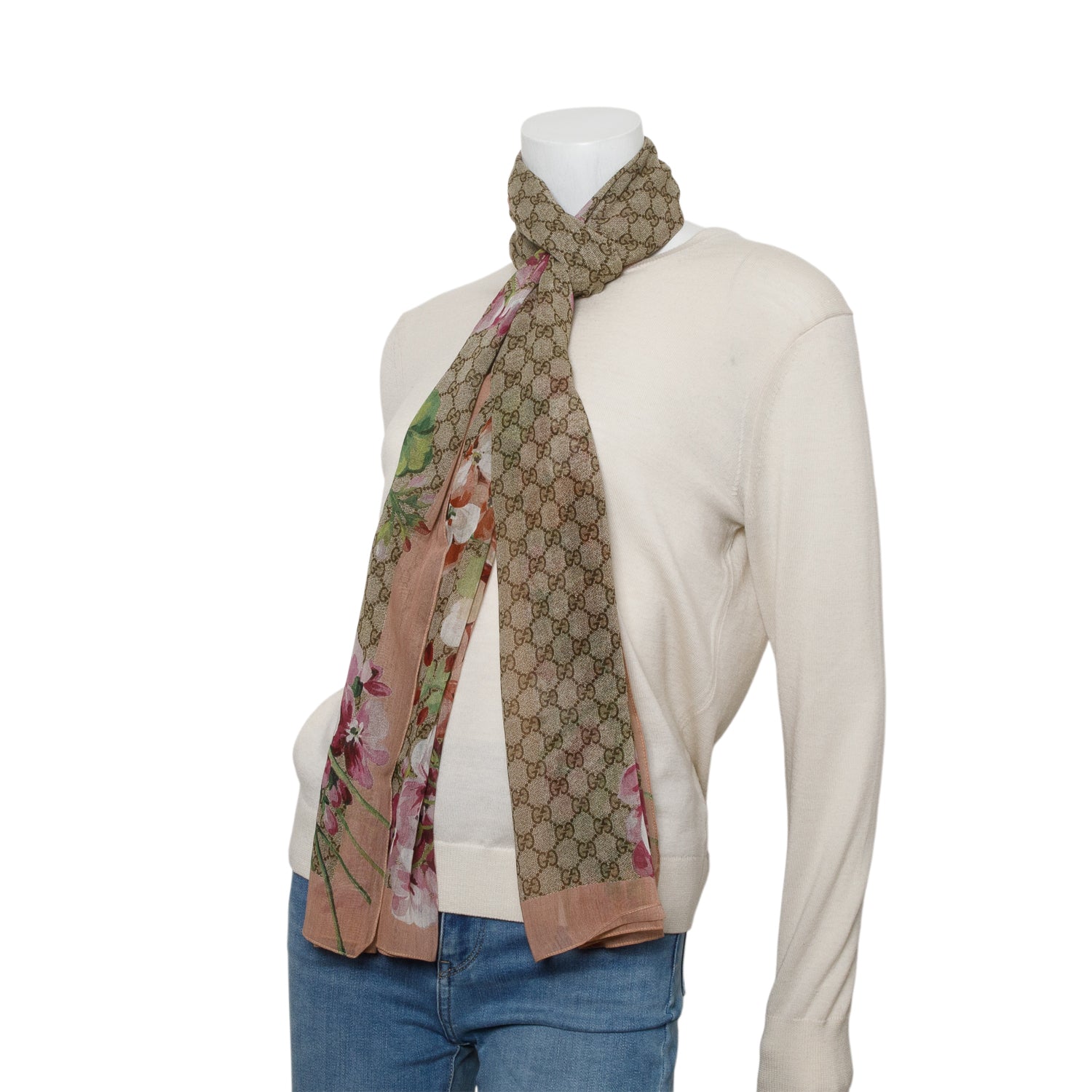 Gucci Beige Monogram GG Blooms Silk Scarf
