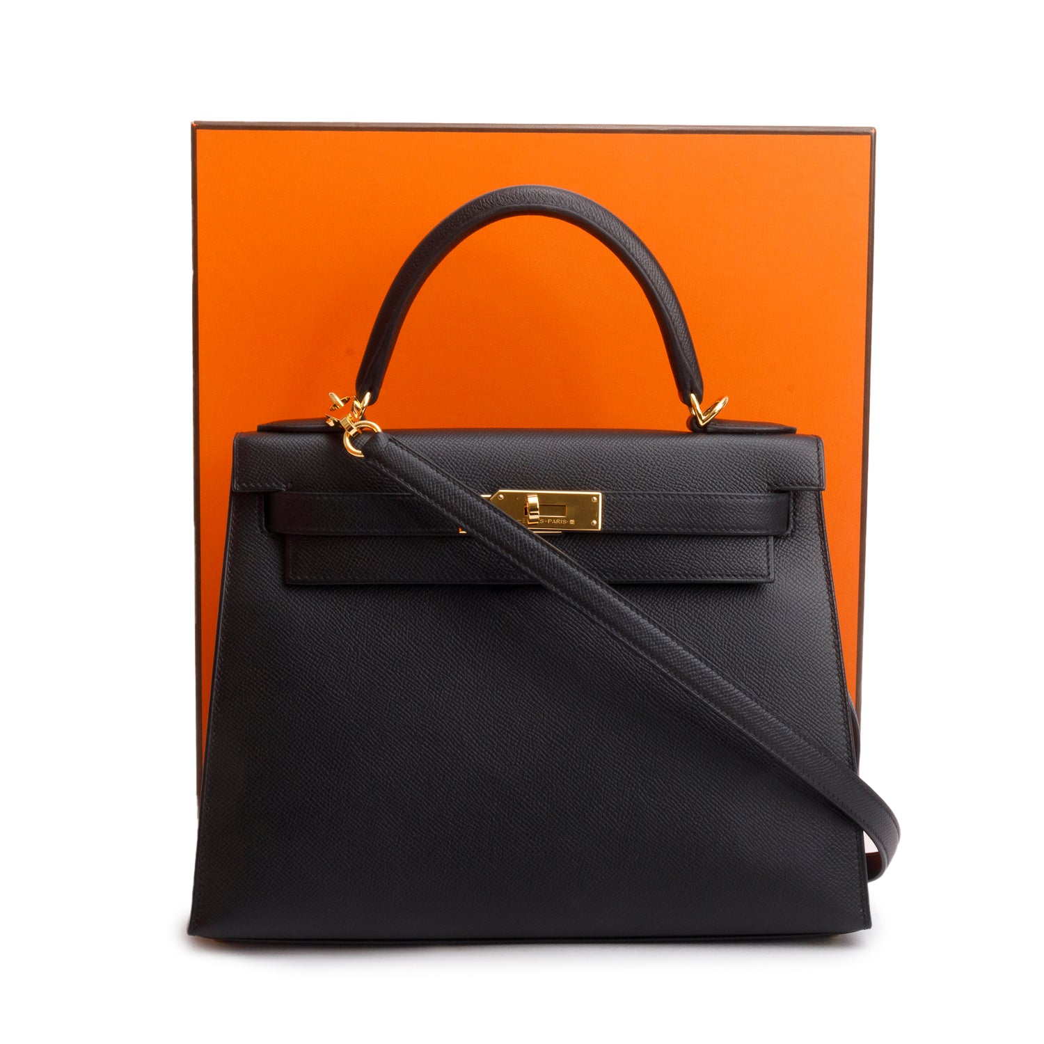 Hermes 2021 Noir Epsom Kelly II Sellier 28 w/ Strap & Box
