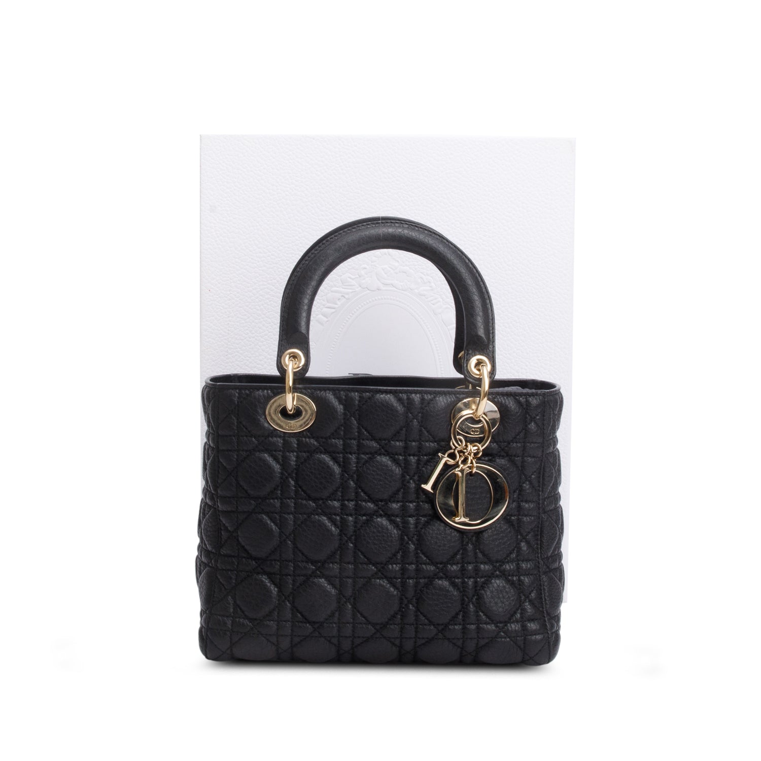 Christian Dior Black Grained Calfskin Cannage Medium Lady Dior w/ Box