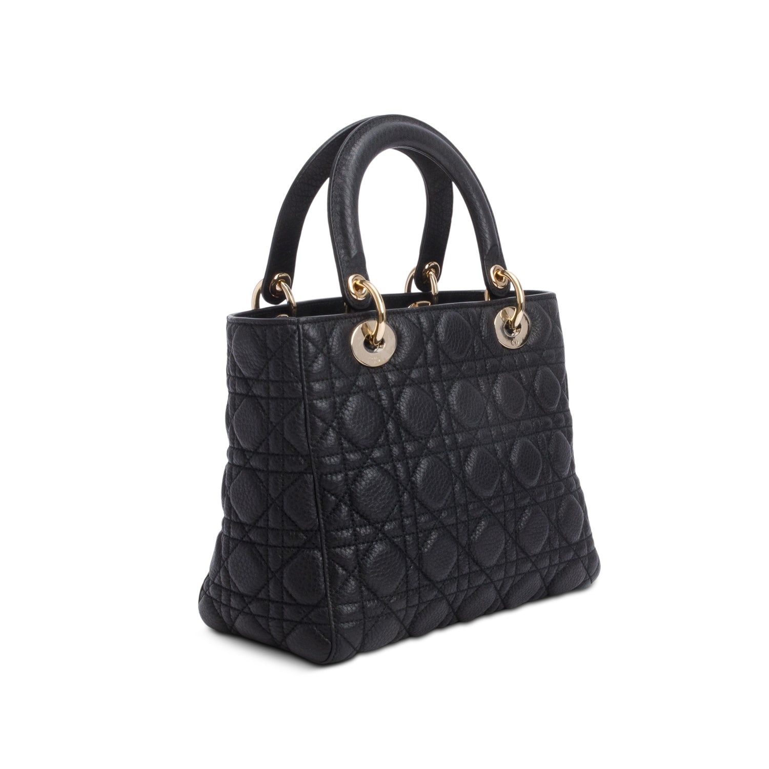 Christian Dior Black Grained Calfskin Cannage Medium Lady Dior w/ Box