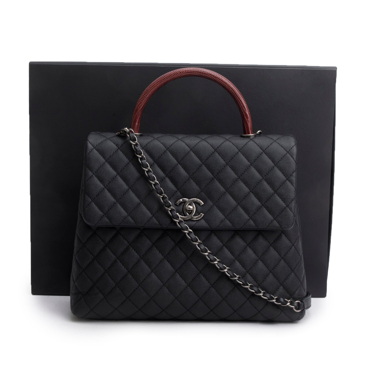 Chanel Black Caviar Lizard Quilted Large Coco Handle Flap Bag w/ Box, Strap, Receipt & Authenticity Card