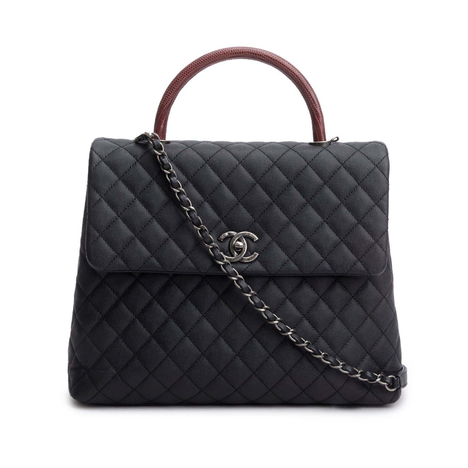 Chanel Black Caviar Lizard Quilted Large Coco Handle Flap Bag w/ Box, Strap, Receipt & Authenticity Card