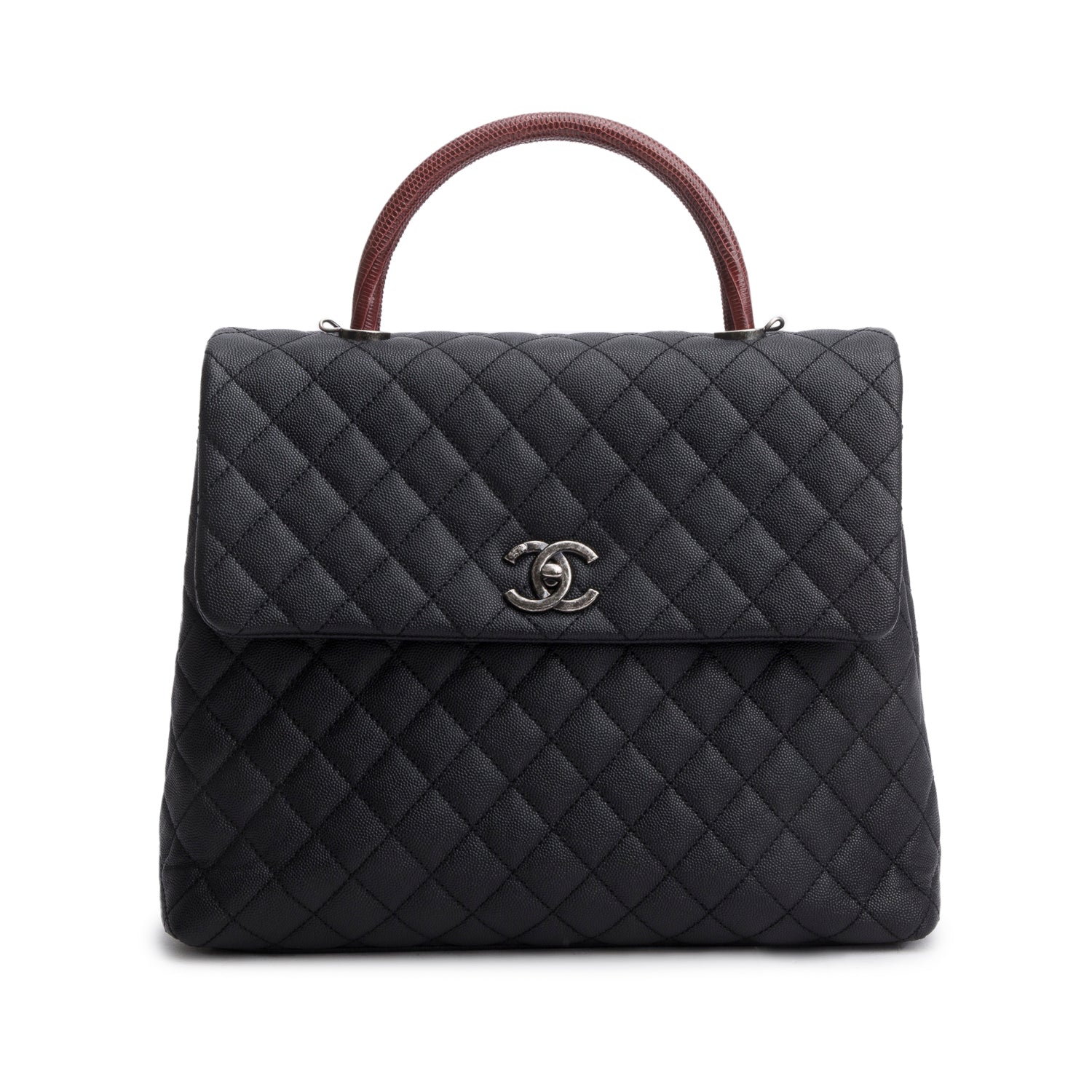 Chanel Black Caviar Lizard Quilted Large Coco Handle Flap Bag w/ Box, Strap, Receipt & Authenticity Card