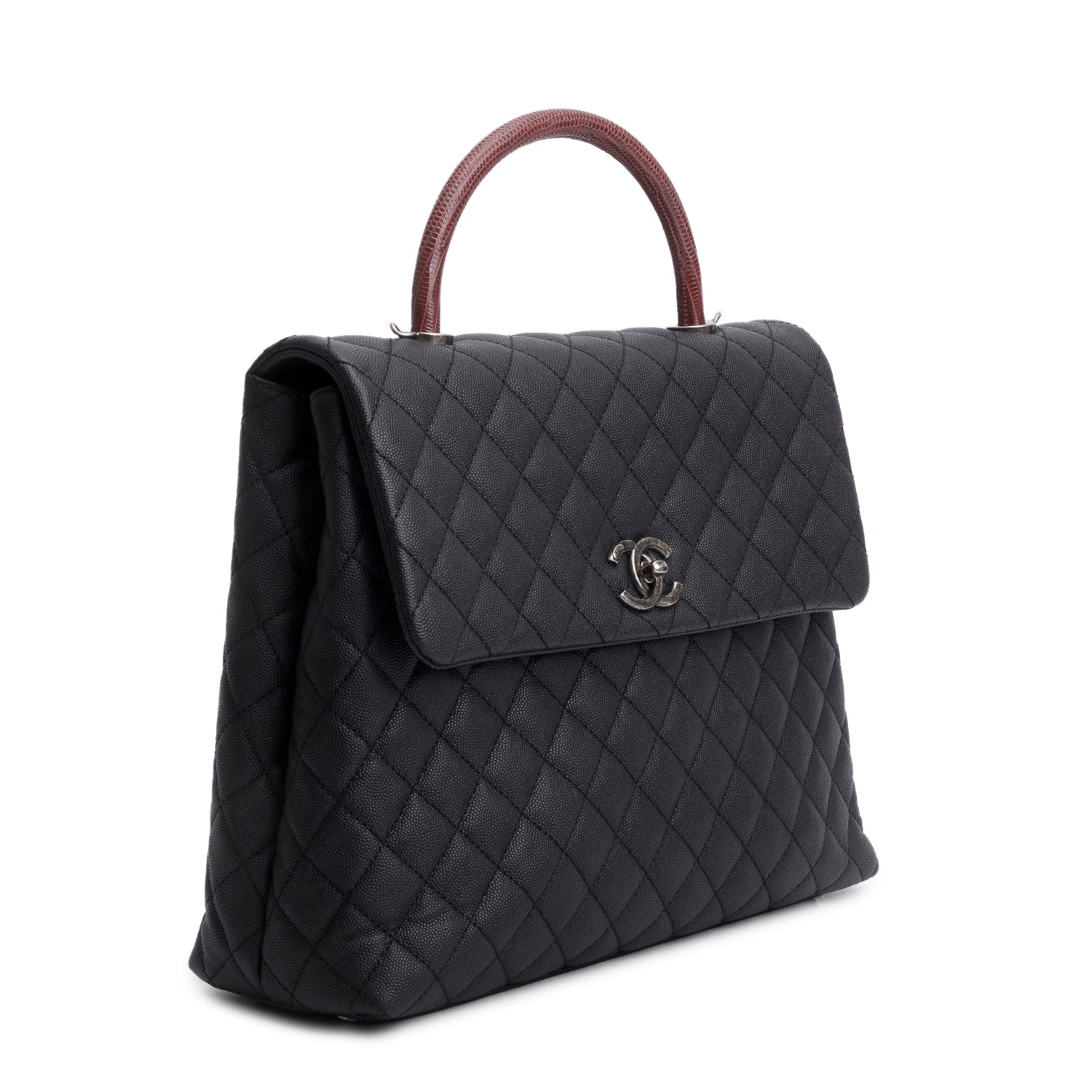 Chanel Black Caviar Lizard Quilted Large Coco Handle Flap Bag w/ Box, Strap, Receipt & Authenticity Card