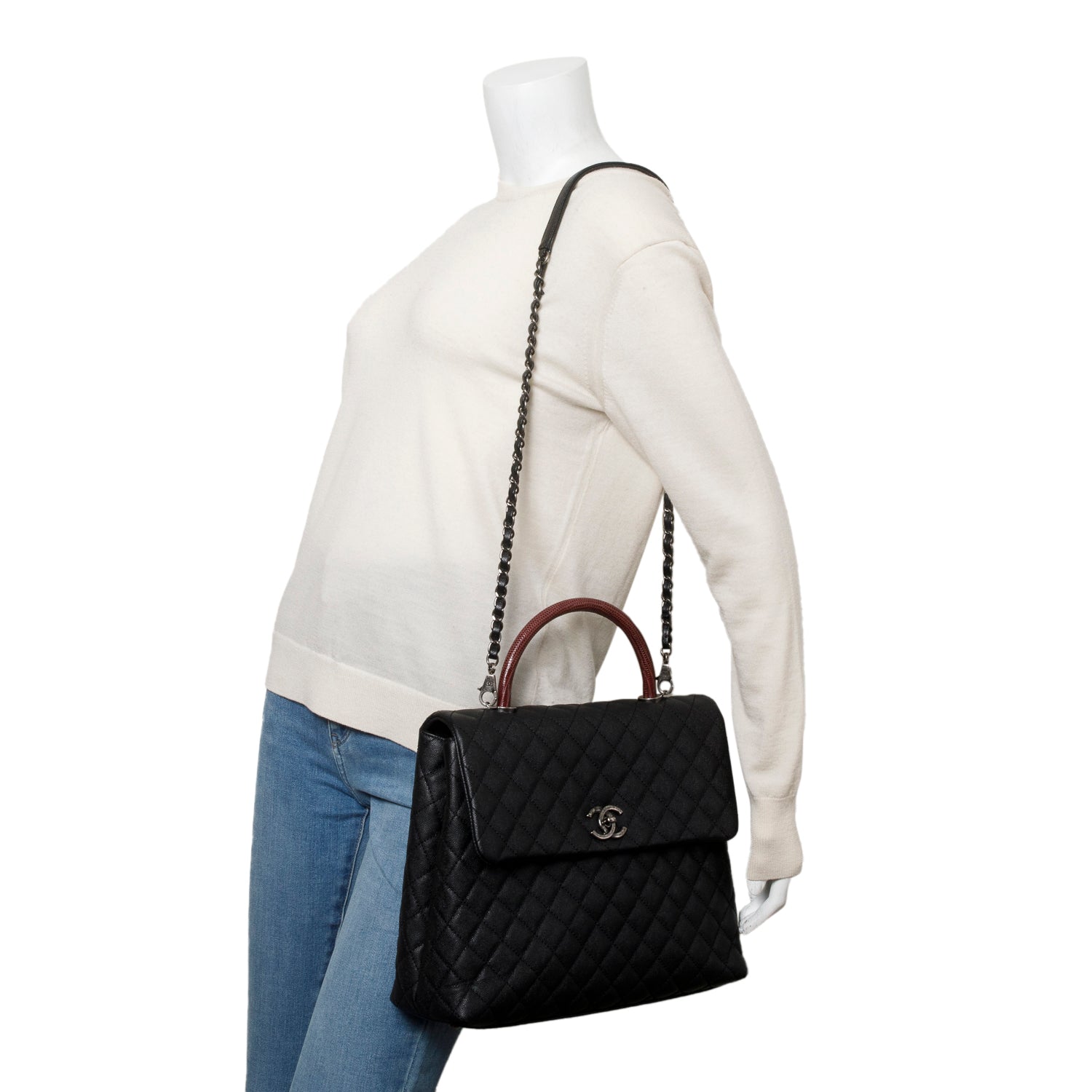 Chanel Black Caviar Lizard Quilted Large Coco Handle Flap Bag w/ Box, Strap, Receipt & Authenticity Card