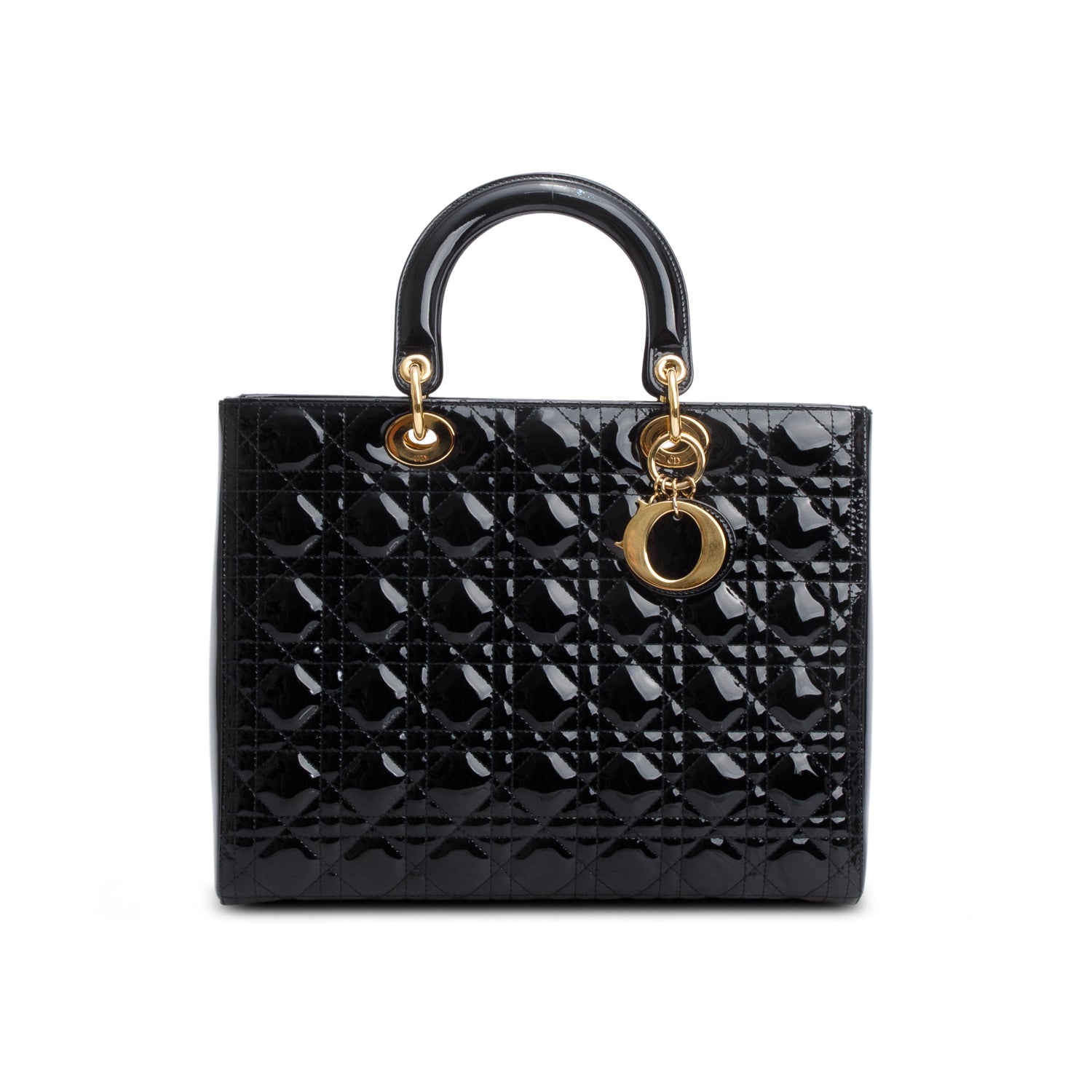 Christian Dior Black Cannage Patent Leather Large Lady Dior w/ Strap