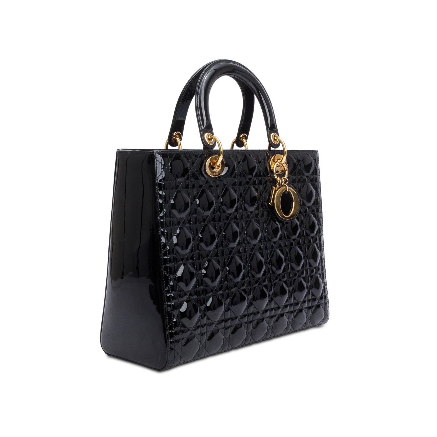 Christian Dior Black Cannage Patent Leather Large Lady Dior w/ Strap