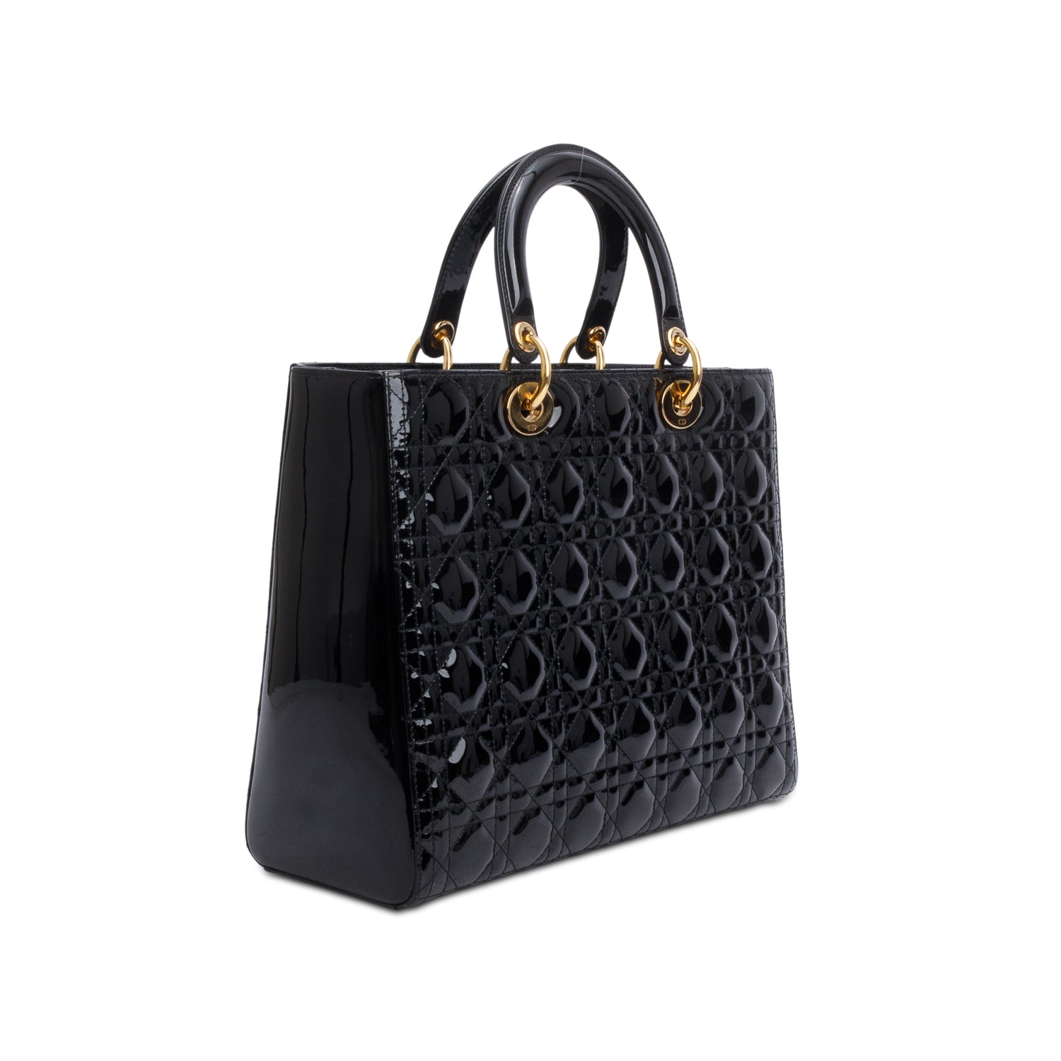 Christian Dior Black Cannage Patent Leather Large Lady Dior w/ Strap