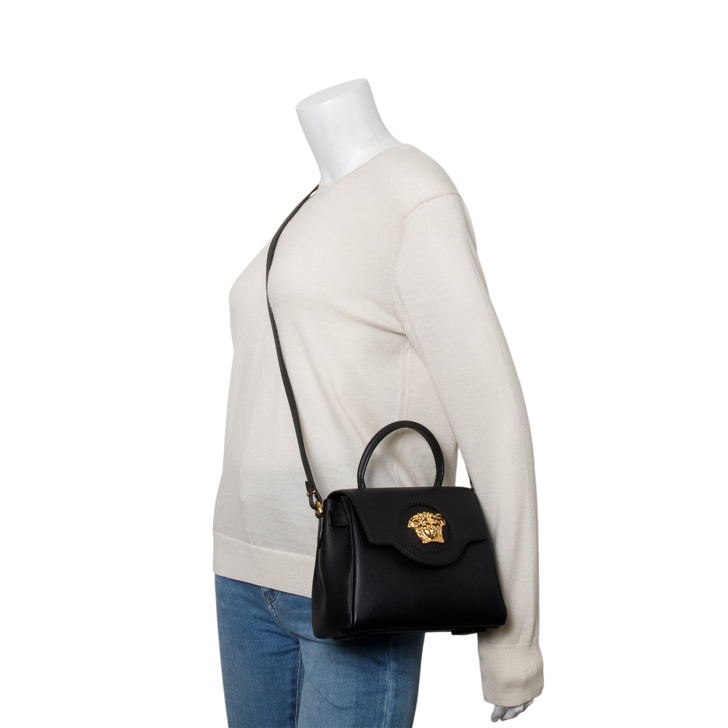 Versace Black Grained Leather La Medusa Small Handbag w/ Straps