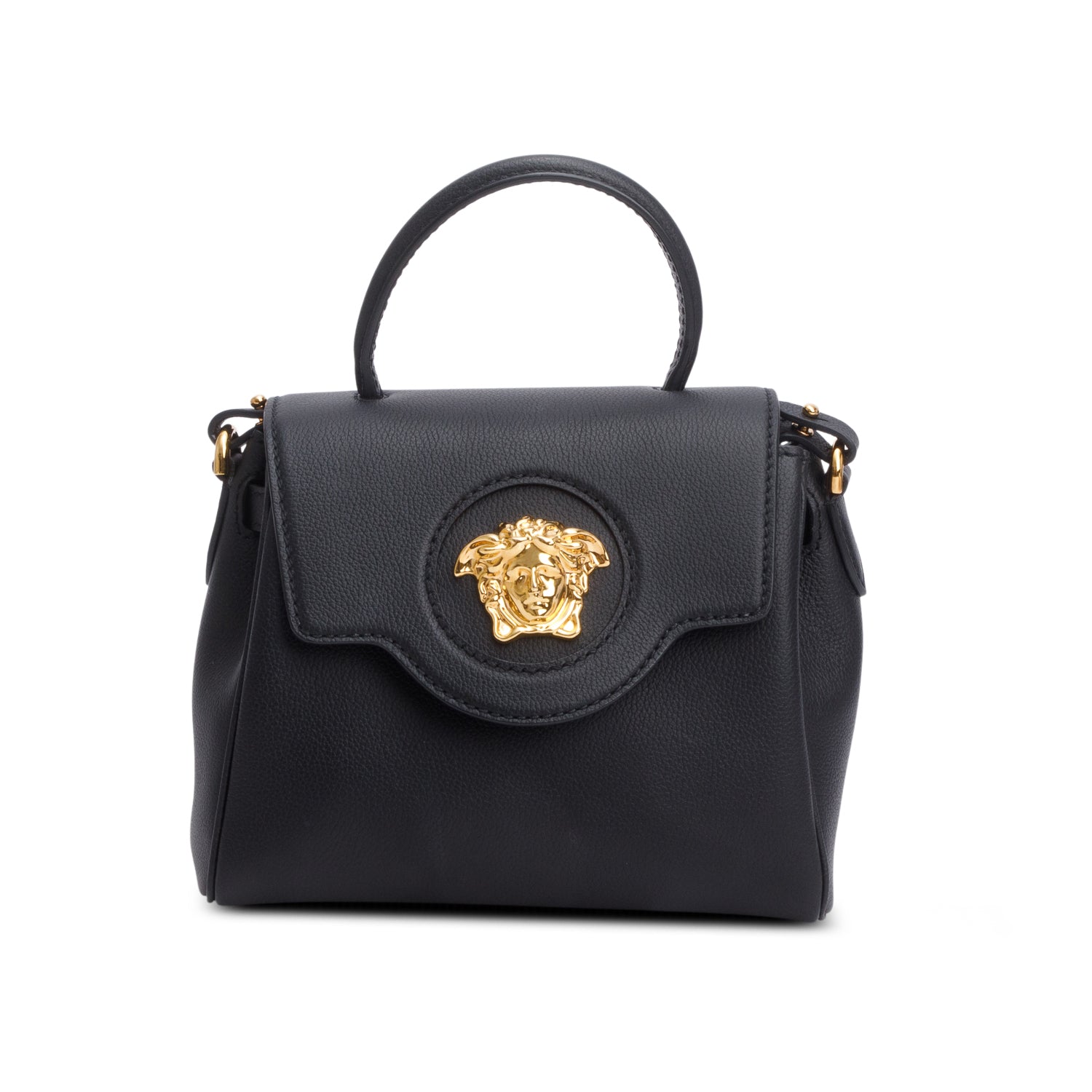 Versace Black Grained Leather La Medusa Small Handbag w/ Straps