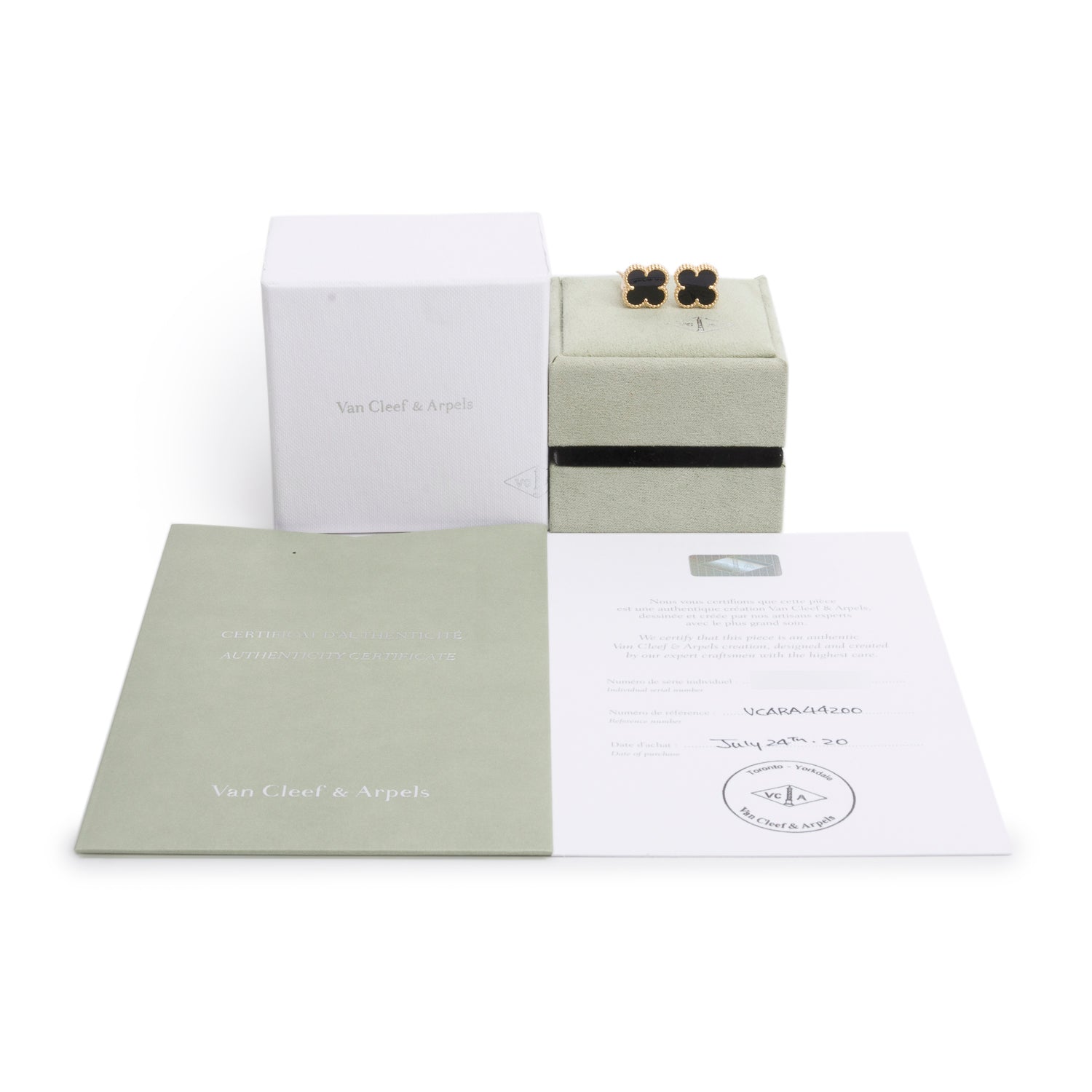 Van Cleef & Arpels 2020 18k Yellow Gold Vintage Alhambra Onyx Stud Earrings w/ Box & Certificate