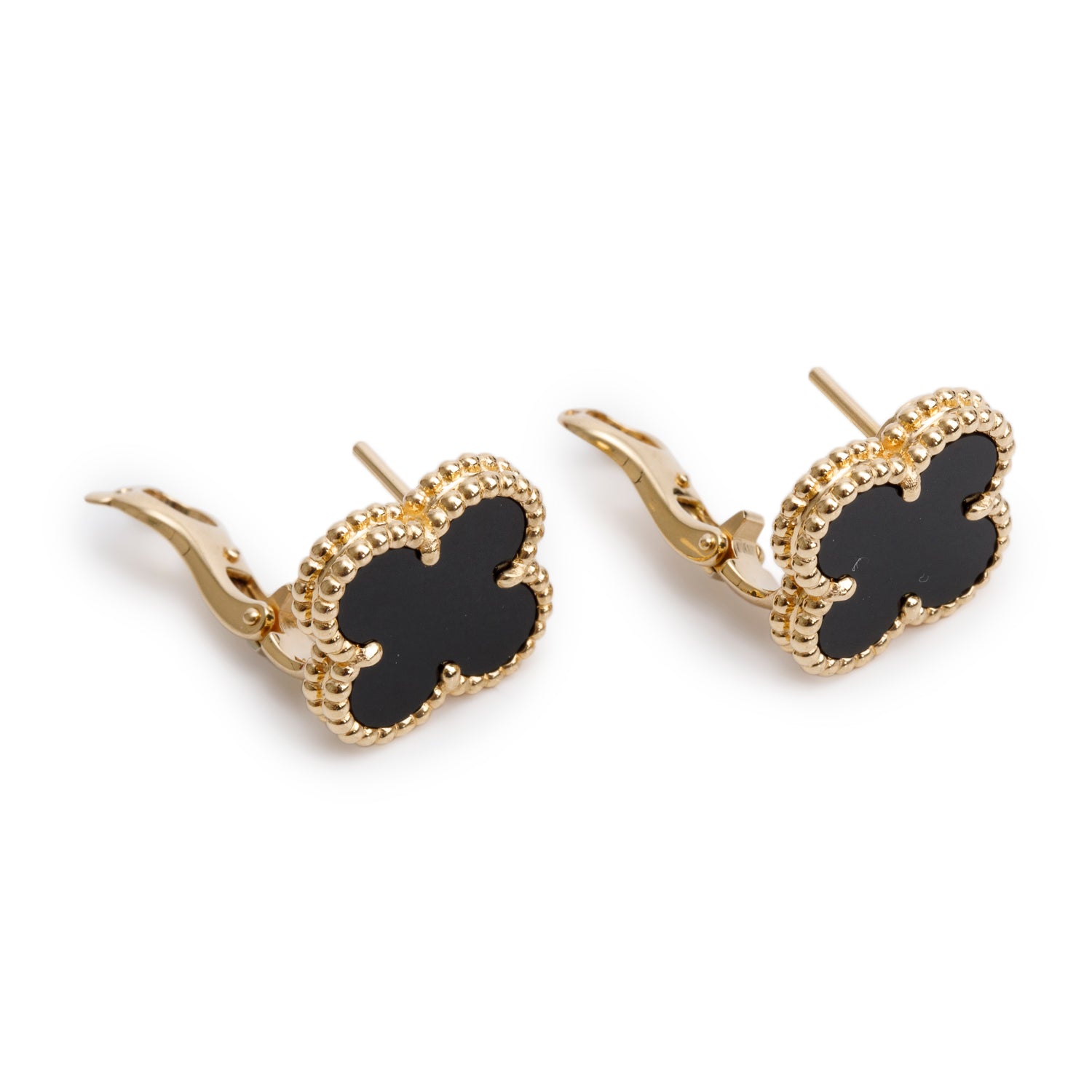 Van Cleef & Arpels 2020 18k Yellow Gold Vintage Alhambra Onyx Stud Earrings w/ Box & Certificate