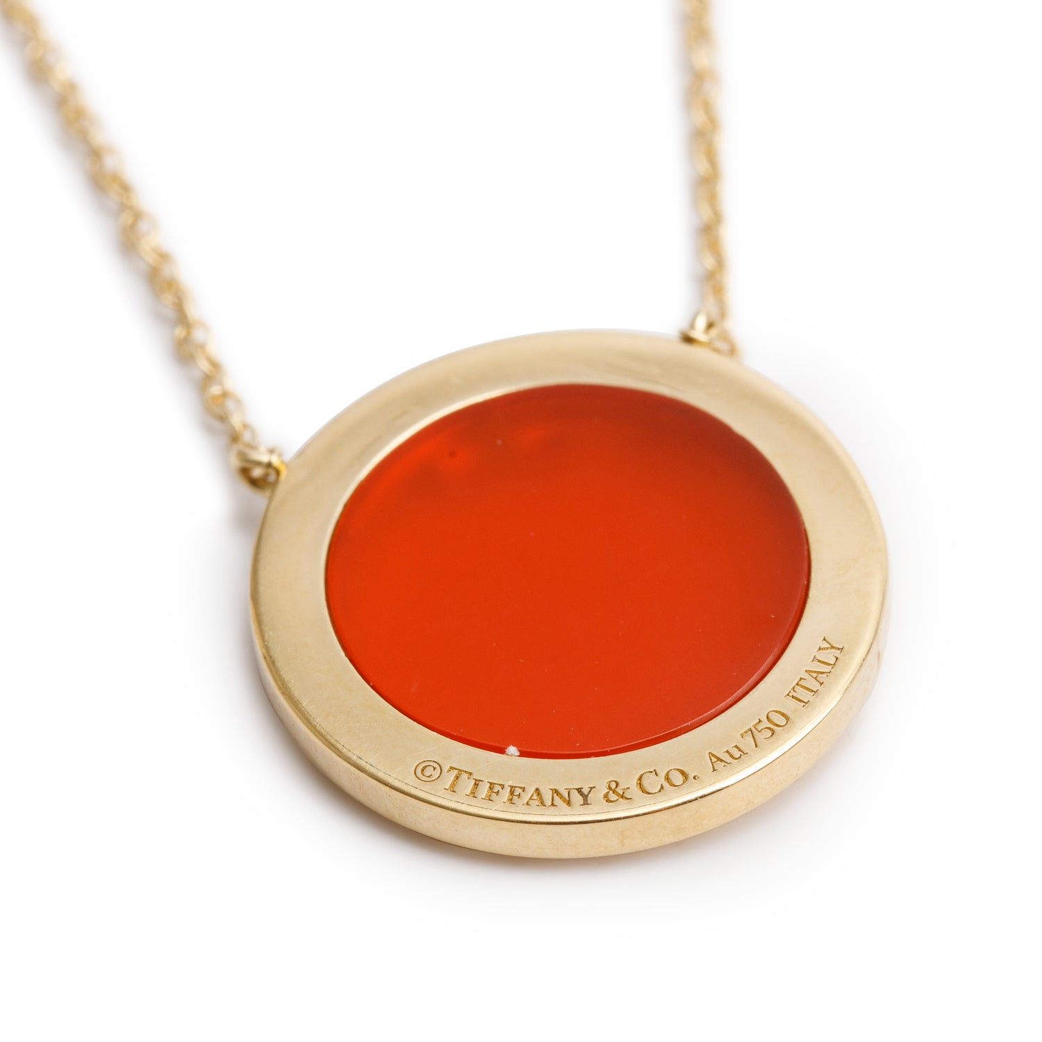 Tiffany & Co. 18k Yellow Gold Diamond and Carnelian 16 MM Circle Pendant Necklace w/ Box