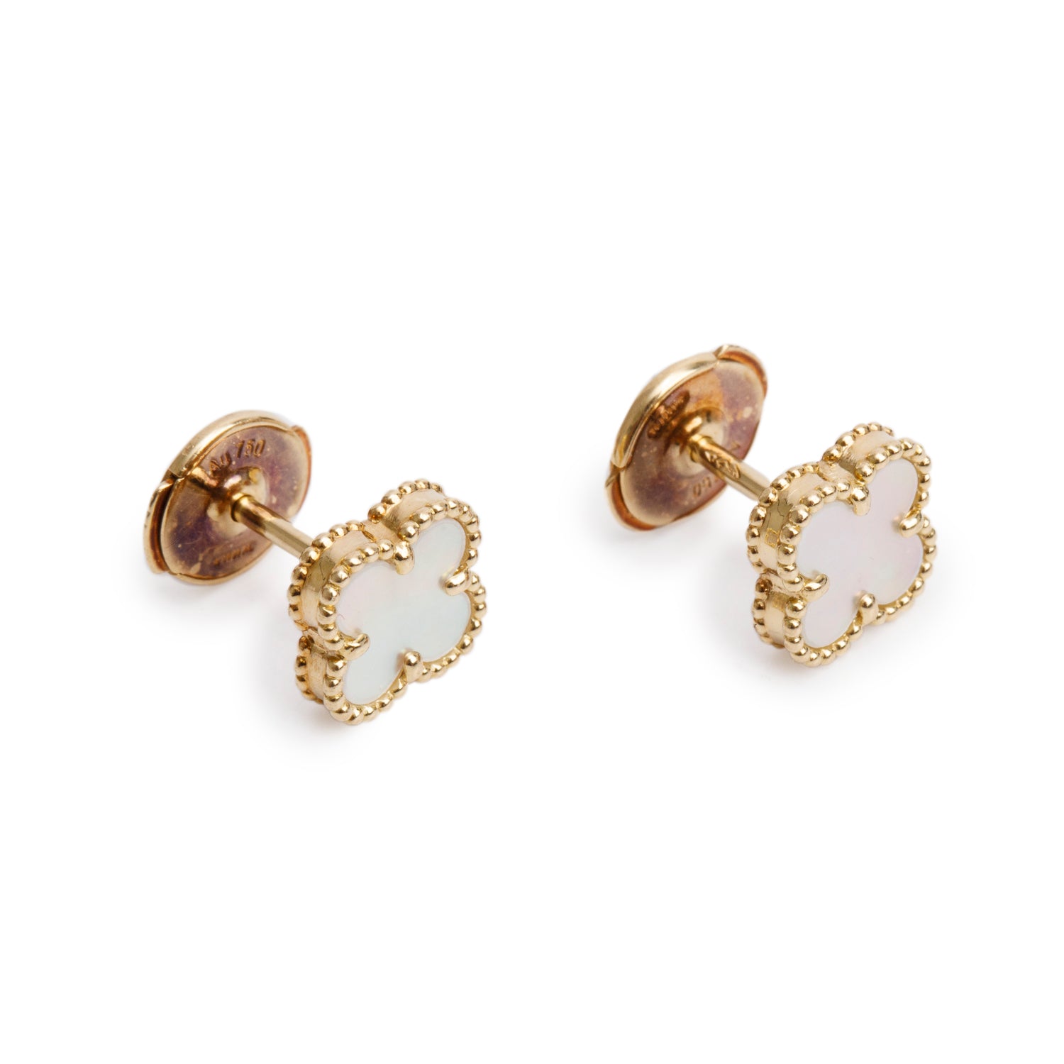 Van Cleef & Arpels 18k Yellow Gold Sweet Alhambra Mother of Pearl Stud Earrings w/ Box, Receipt & Certificate