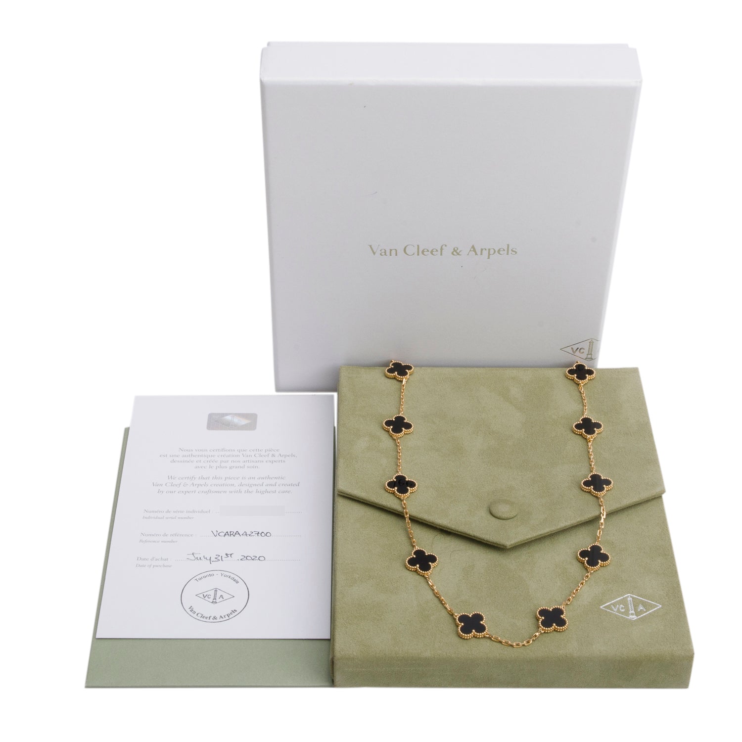 Van Cleef & Arpels 2020 18k Yellow Gold Vintage Alhambra 10 Motif Onyx Necklace w/ Box, Receipt & Certificate