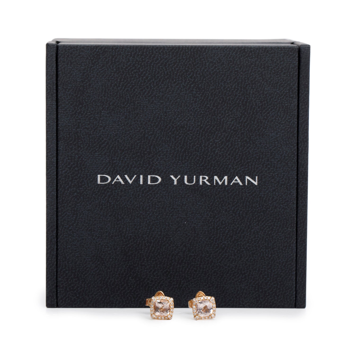 David Yurman 18k Rose Gold 5 MM Morganite & Pave Diamond Petite Chatelaine Stud Earrings w/ Box