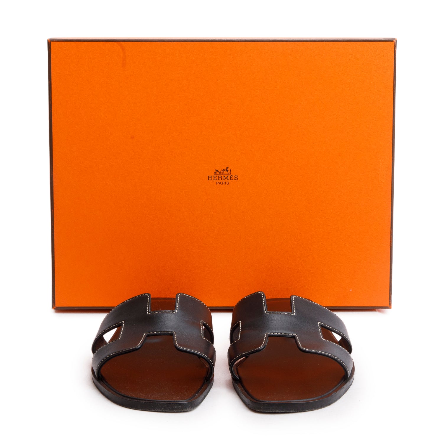 Hermes Black Box Leather Oran Sandals, Size 37 w/ Box