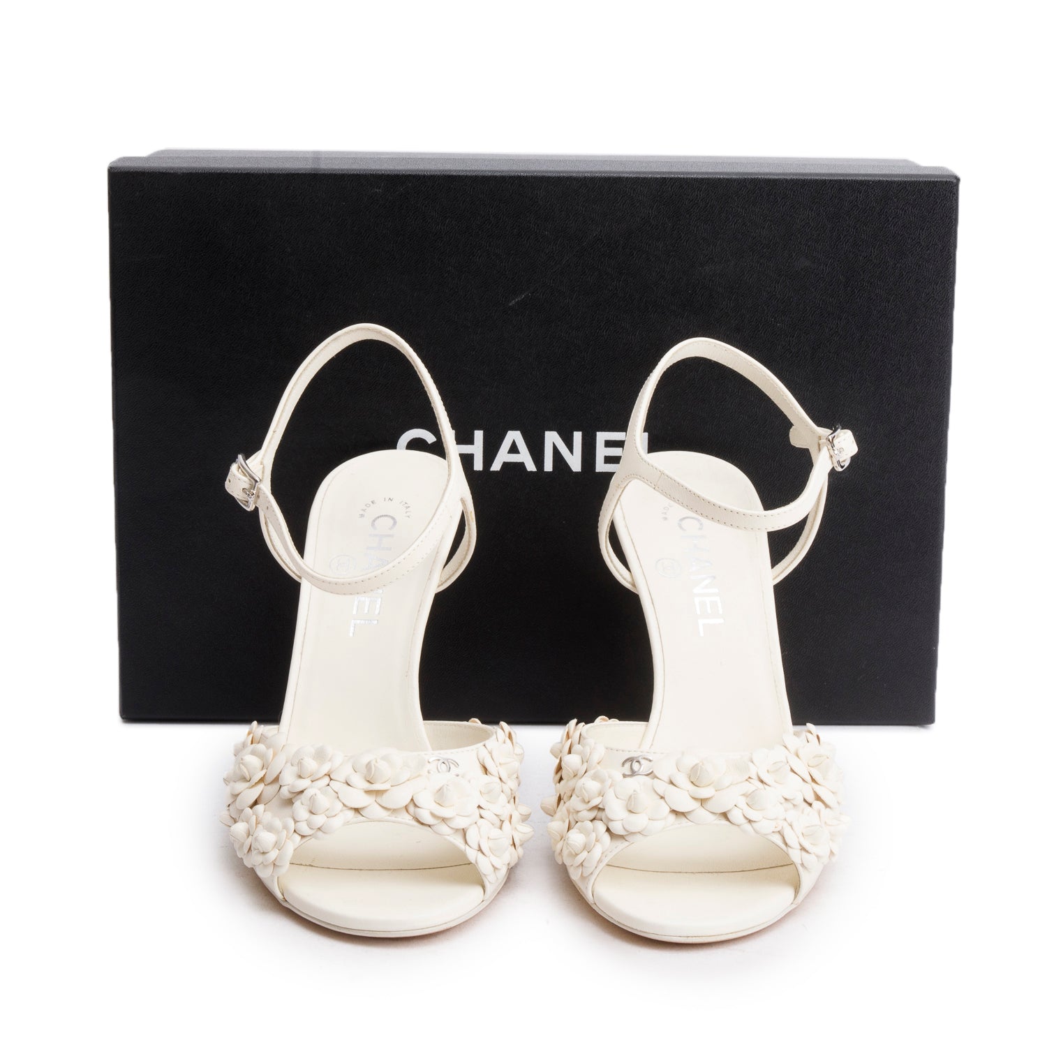 Chanel White Leather CC Camellia Slingback Sandals, Size 38.5 w/ Box