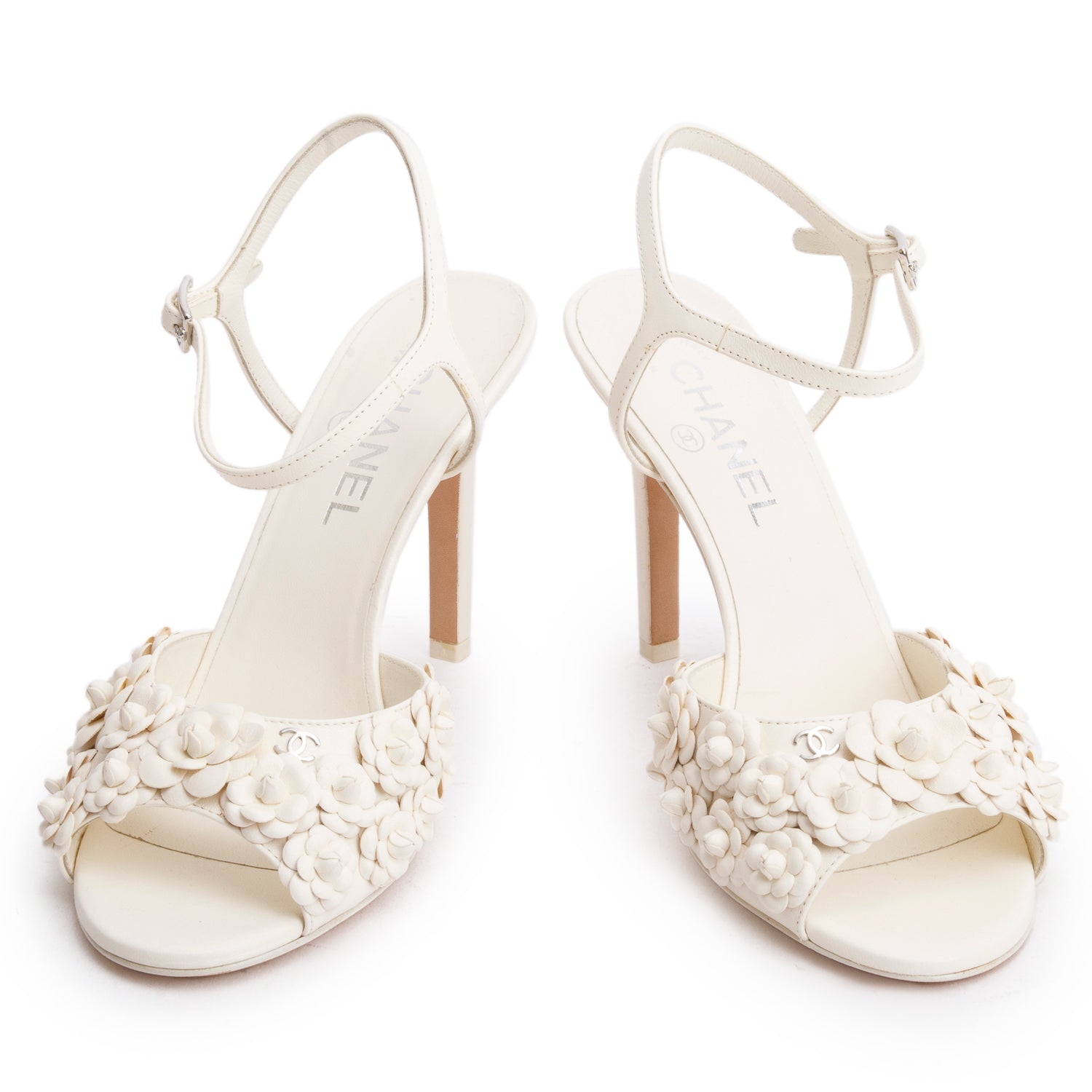 Chanel White Leather CC Camellia Slingback Sandals, Size 38.5 w/ Box