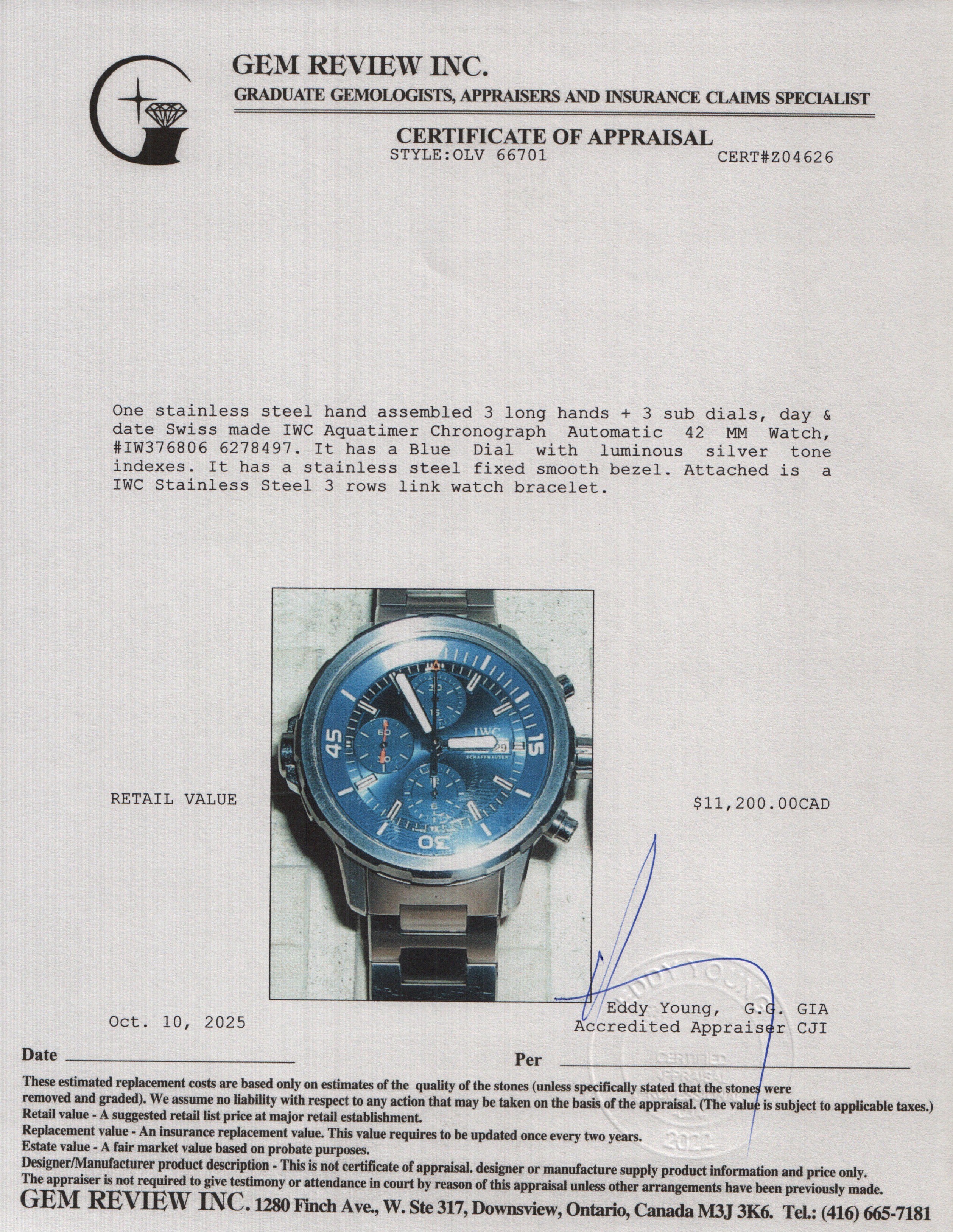 IWC Stainless Steel Aquatimer Chronograph Automatic 42 MM Watch Blue Dial IW376806