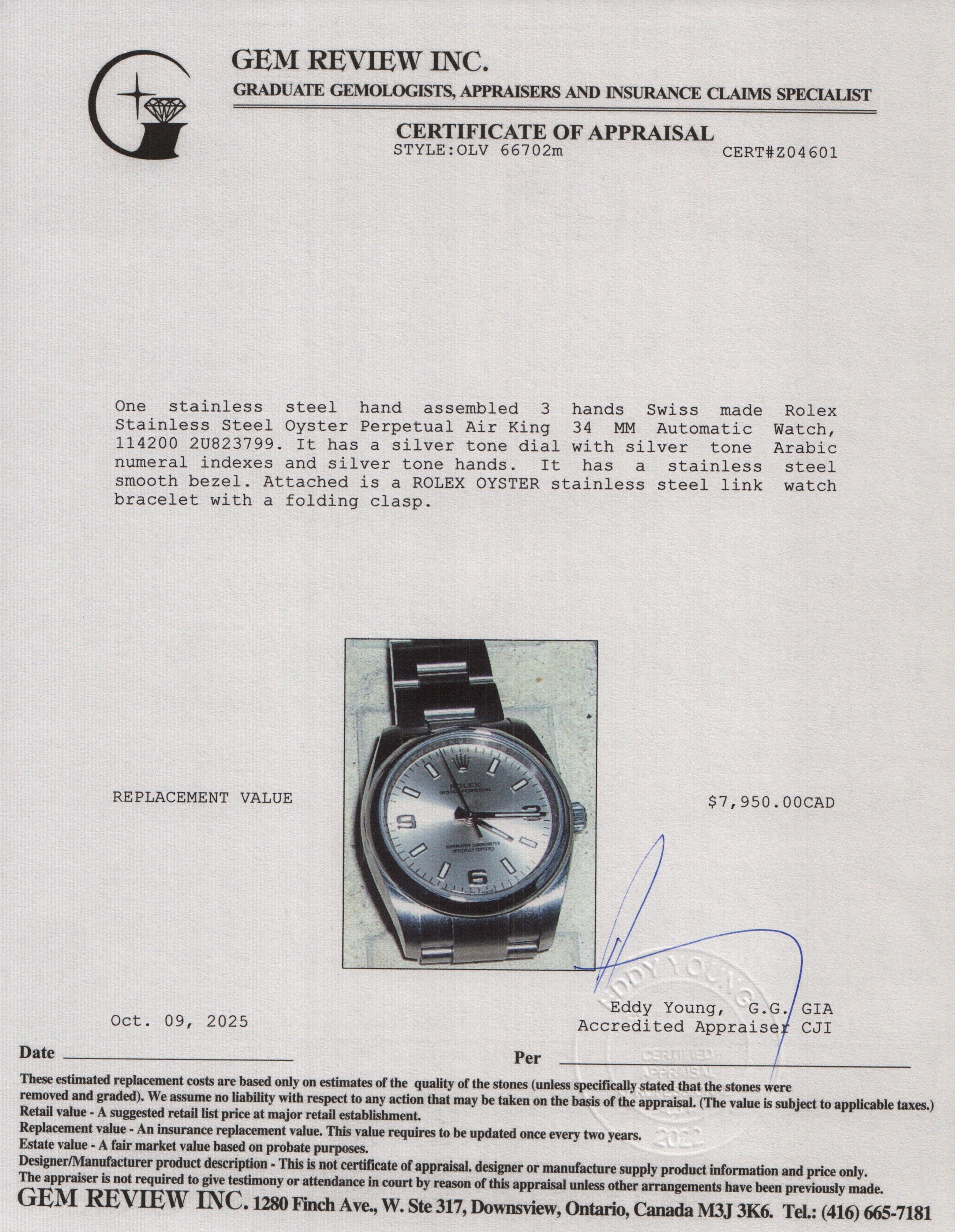 Rolex Stainless Steel Oyster Perpetual Air King 34 MM Automatic Watch Silver Dial 114200