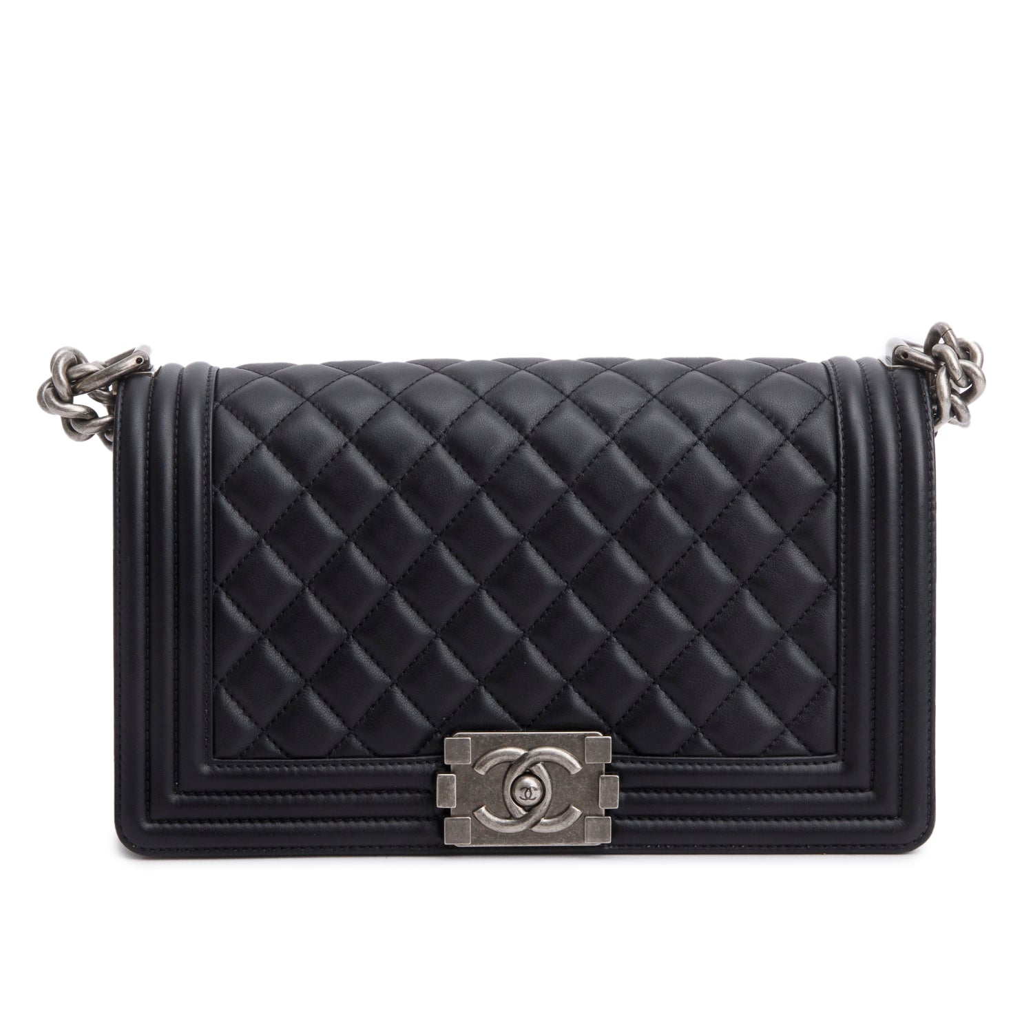Chanel Black Quilted Lambskin Leather Medium Boy Bag w/ Authenticity Card