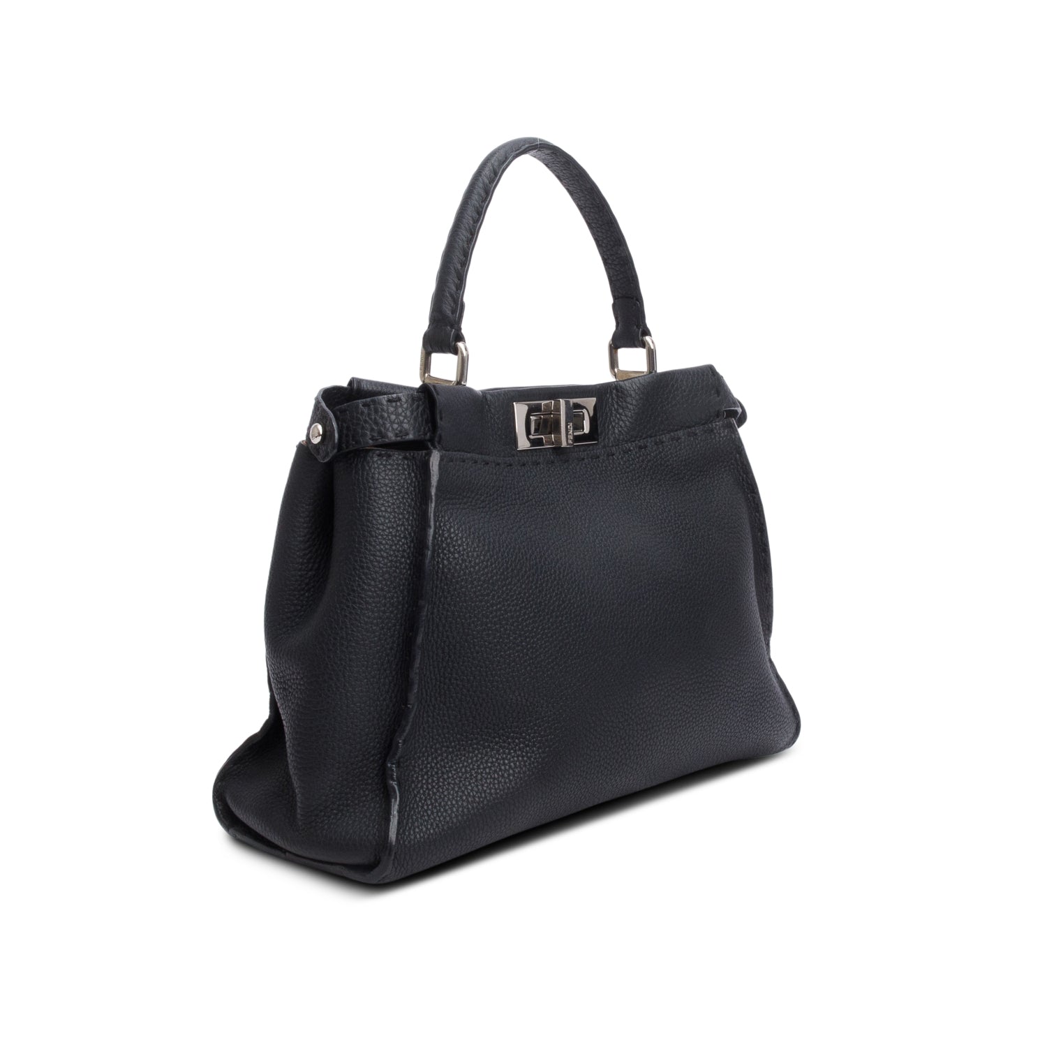 Fendi Black Cuioio Romano Selleria Medium Peekaboo Iconic Satchel w/ Strap