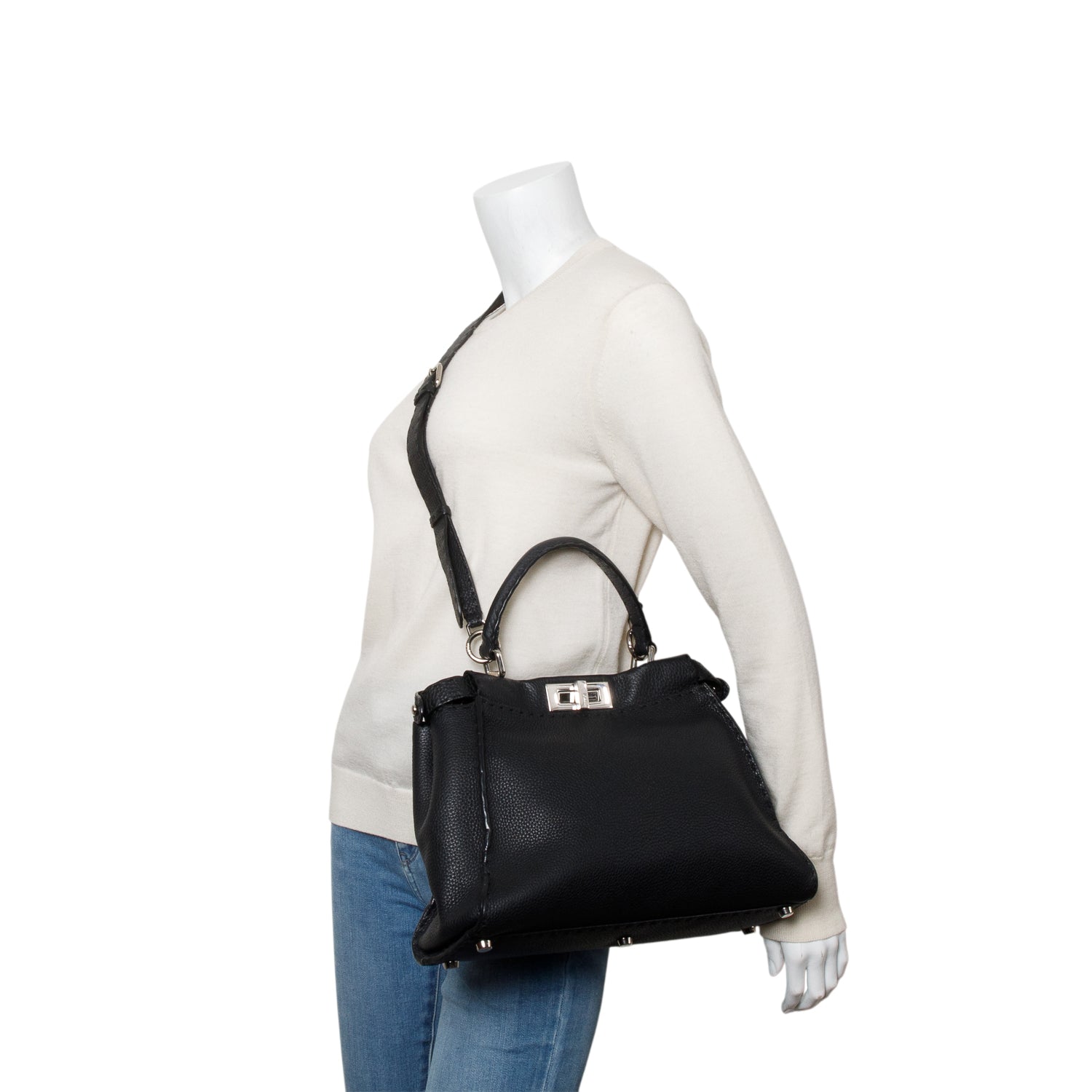 Fendi Black Cuioio Romano Selleria Medium Peekaboo Iconic Satchel w/ Strap