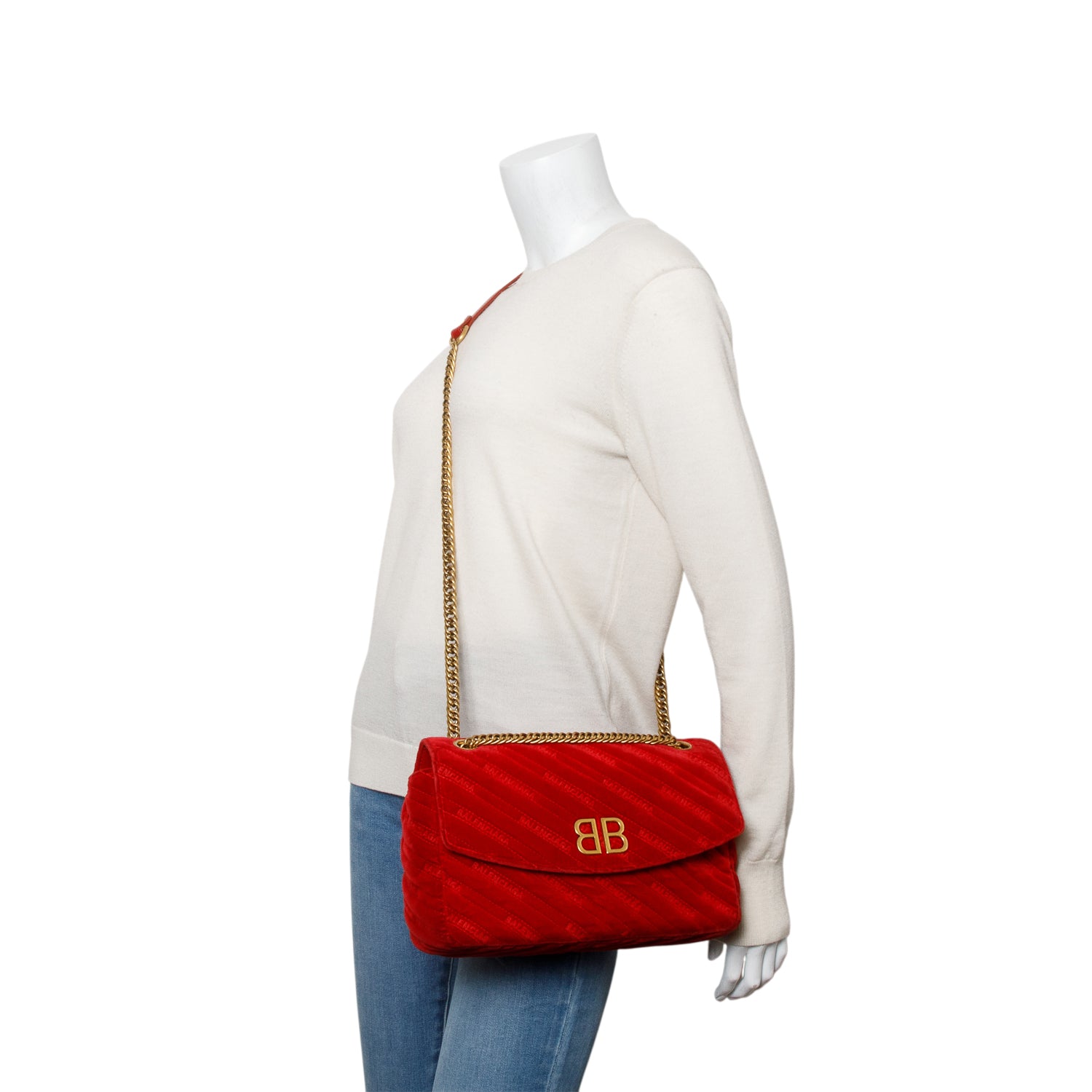 Balenciaga Red Velvet Logo Matelasse BB Chain Shoulder Bag