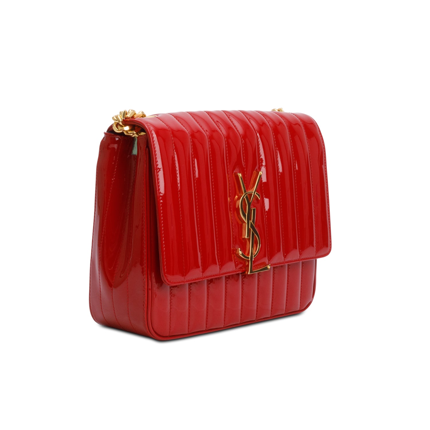 Saint Laurent Red Patent Leather Matelasse Monogram Large Vicky Chain Bag