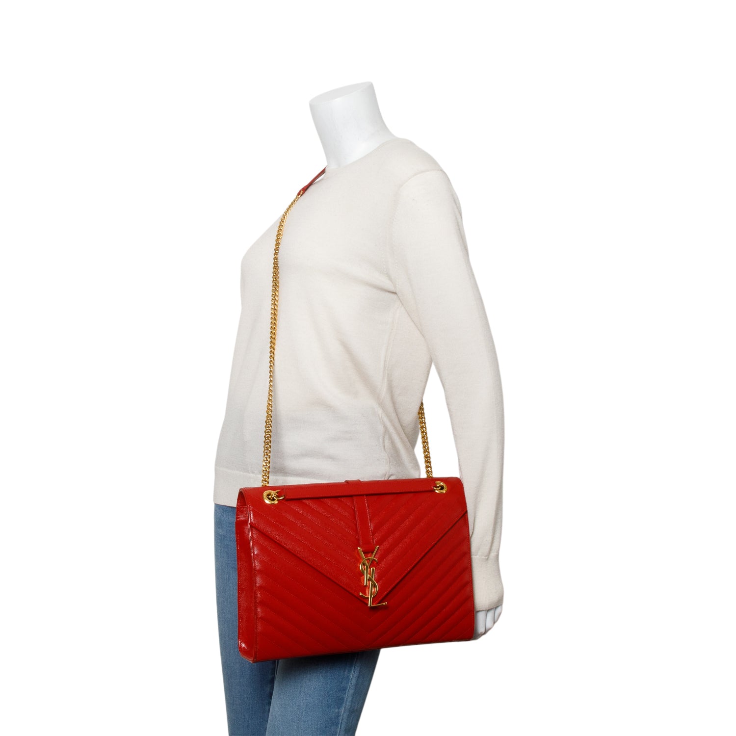 Saint Laurent Red Chevron Grain De Poudre Leather Large Envelope Chain Bag