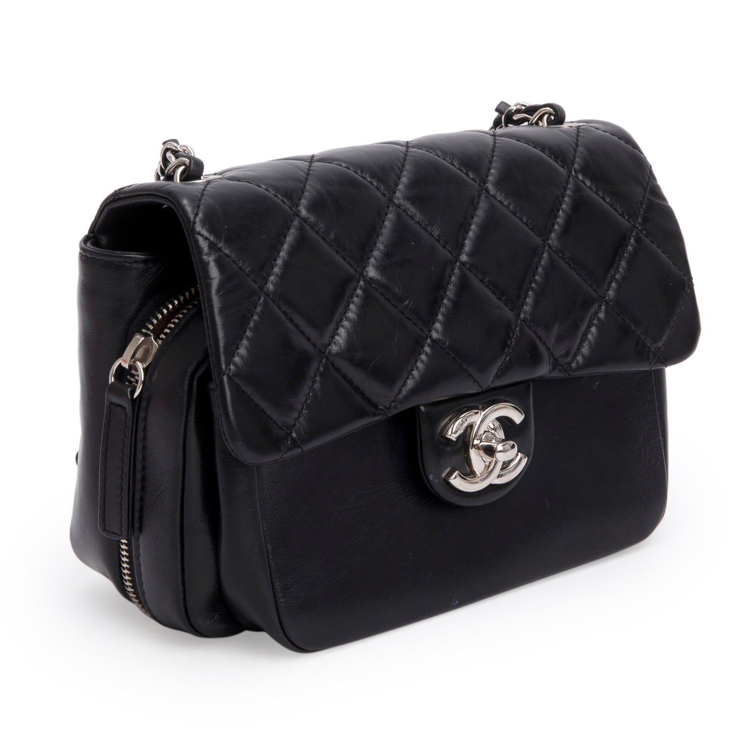 Chanel Black Aged Calfskin Quilted Express Zip Around Flap w/ Authenticity Card