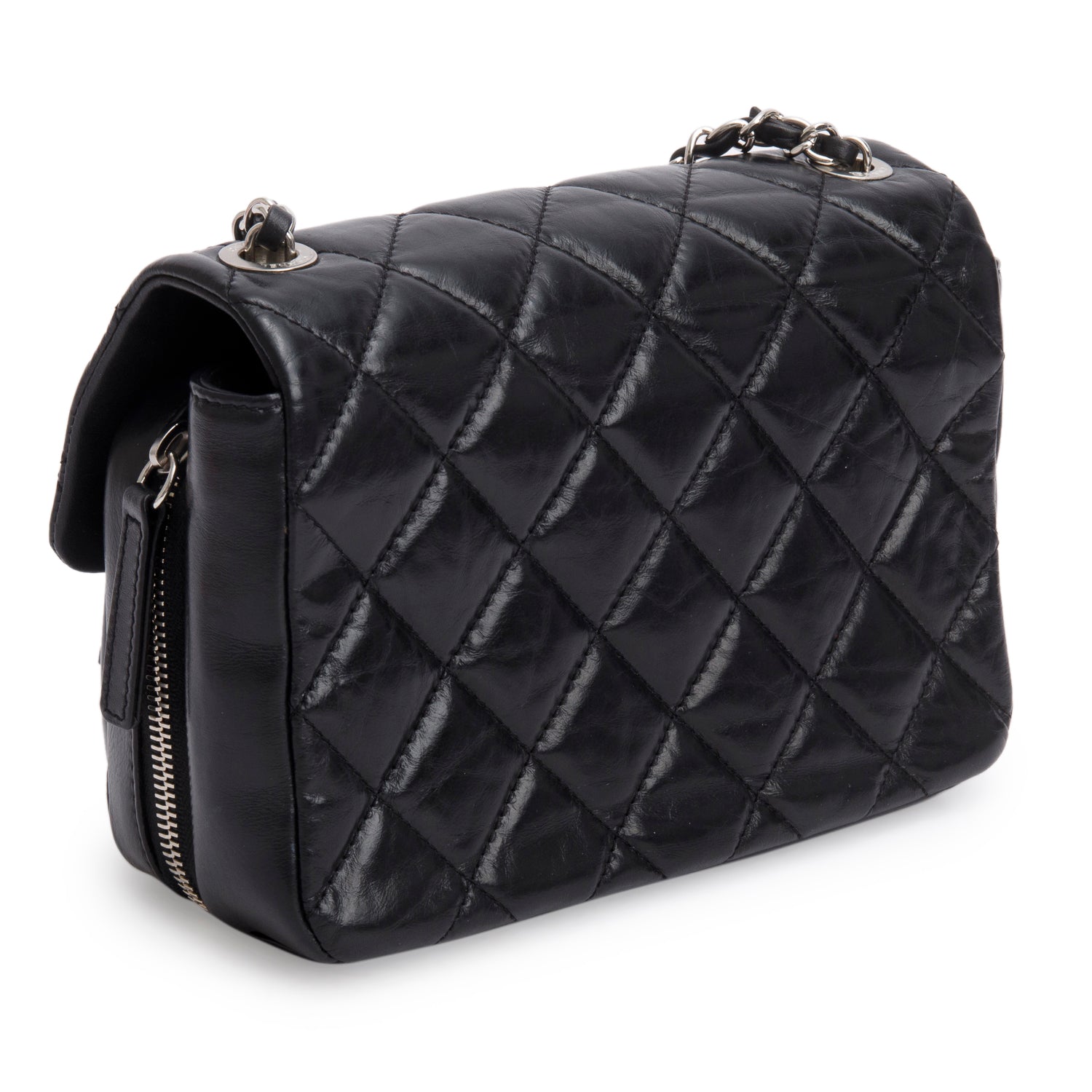 Chanel Black Aged Calfskin Quilted Express Zip Around Flap w/ Authenticity Card