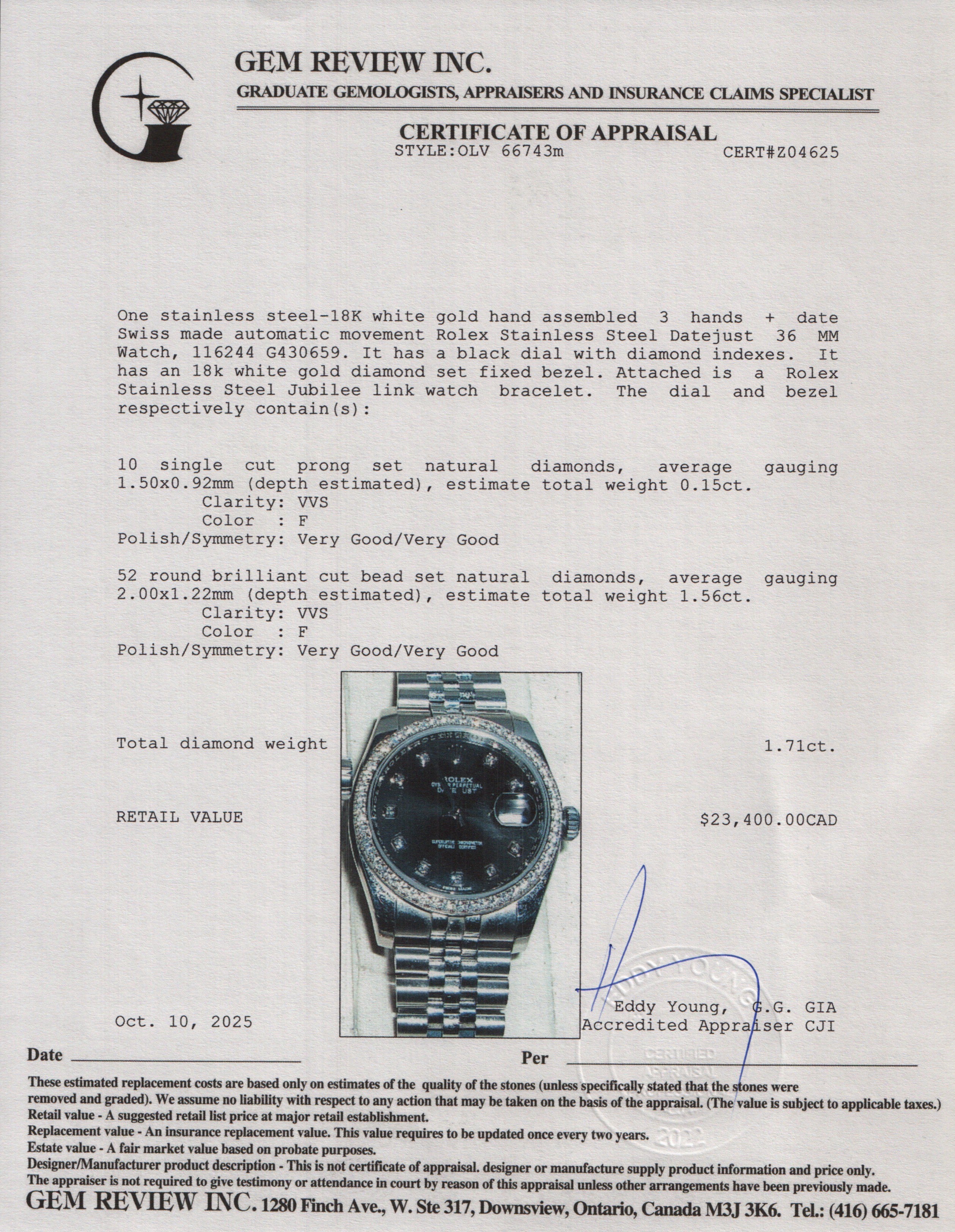 Rolex Stainless Steel Datejust Diamond Bezel 36 MM Datejust Watch Black Diamond Dial 116244