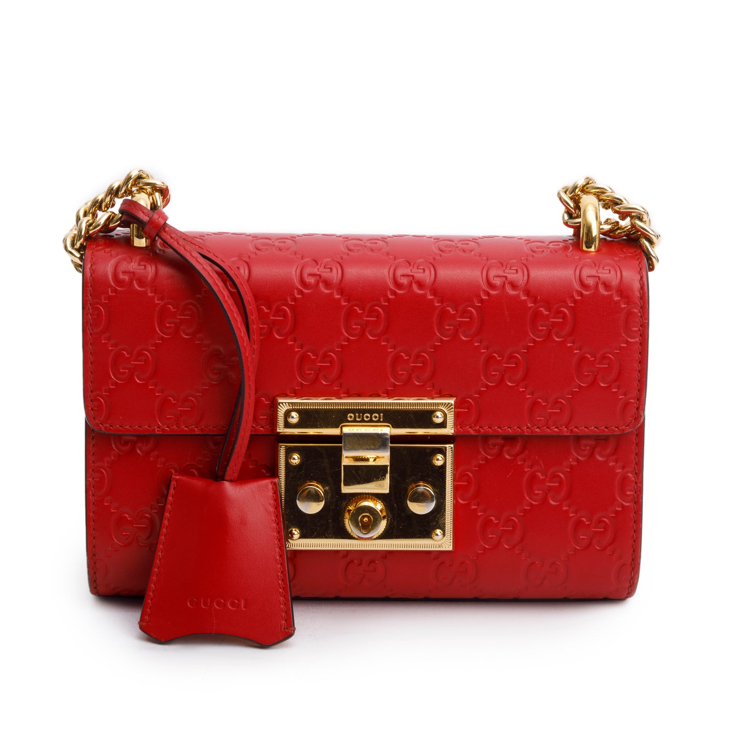 Gucci Red Leather Guccissima Small Padlock Shoulder Bag w/ Box