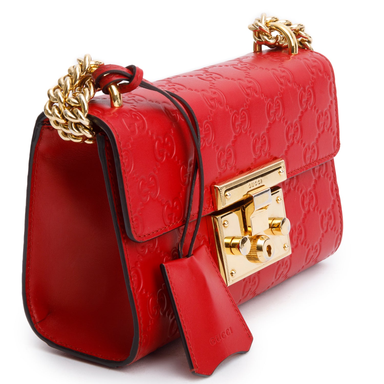 Gucci Red Leather Guccissima Small Padlock Shoulder Bag w/ Box