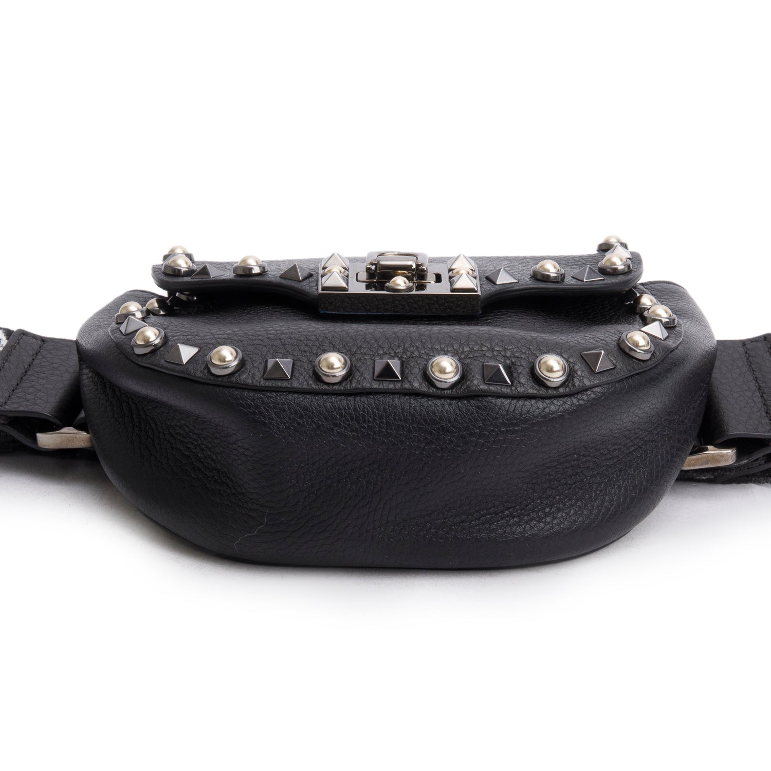 Valentino Black Leather Guitar Strap Rockstud Rolling Belt Bag