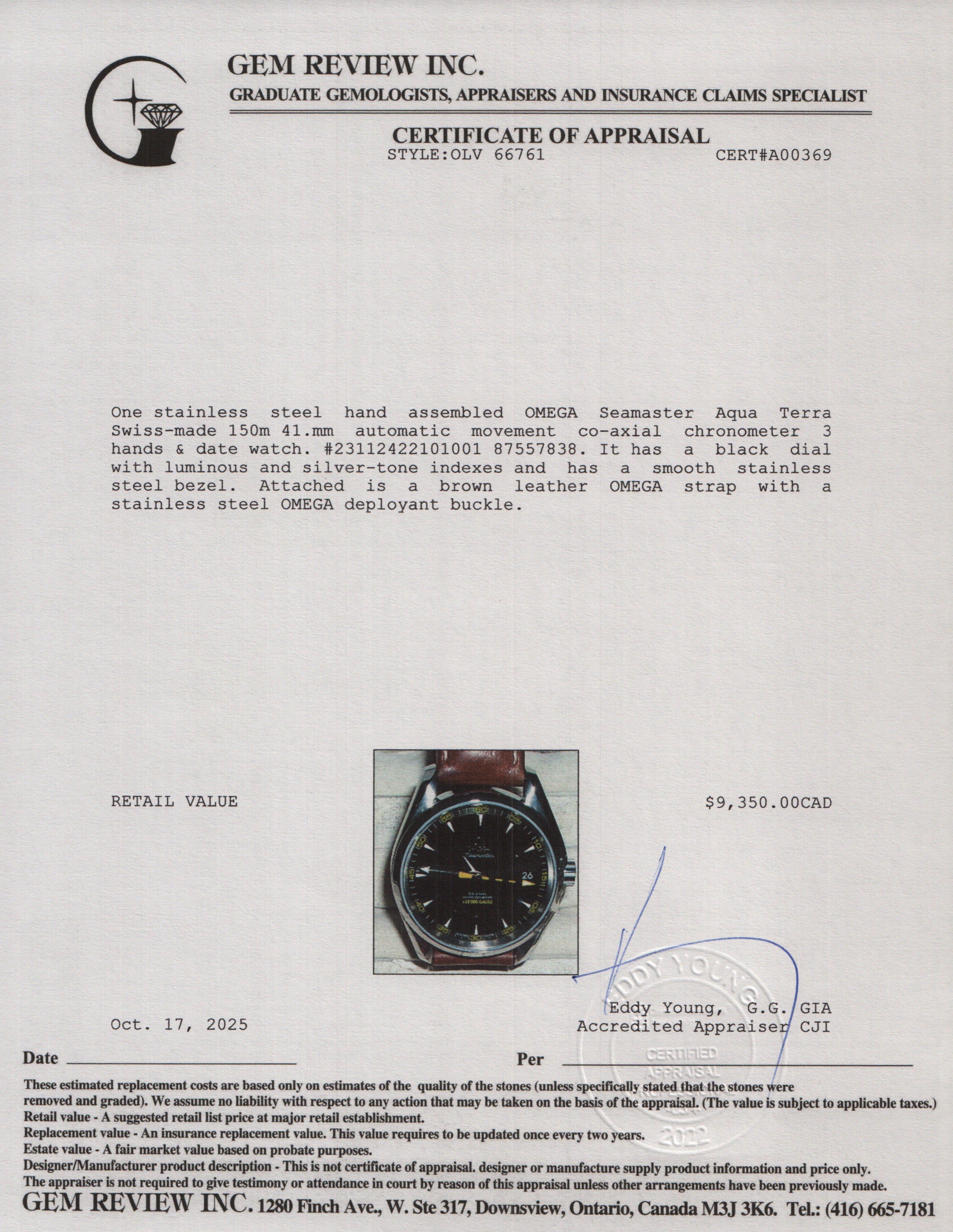 Omega Stainless Steel Seamaster Aqua Terra 150M 41.5 MM Automatic Watch Black Dial w/ Box & Papers