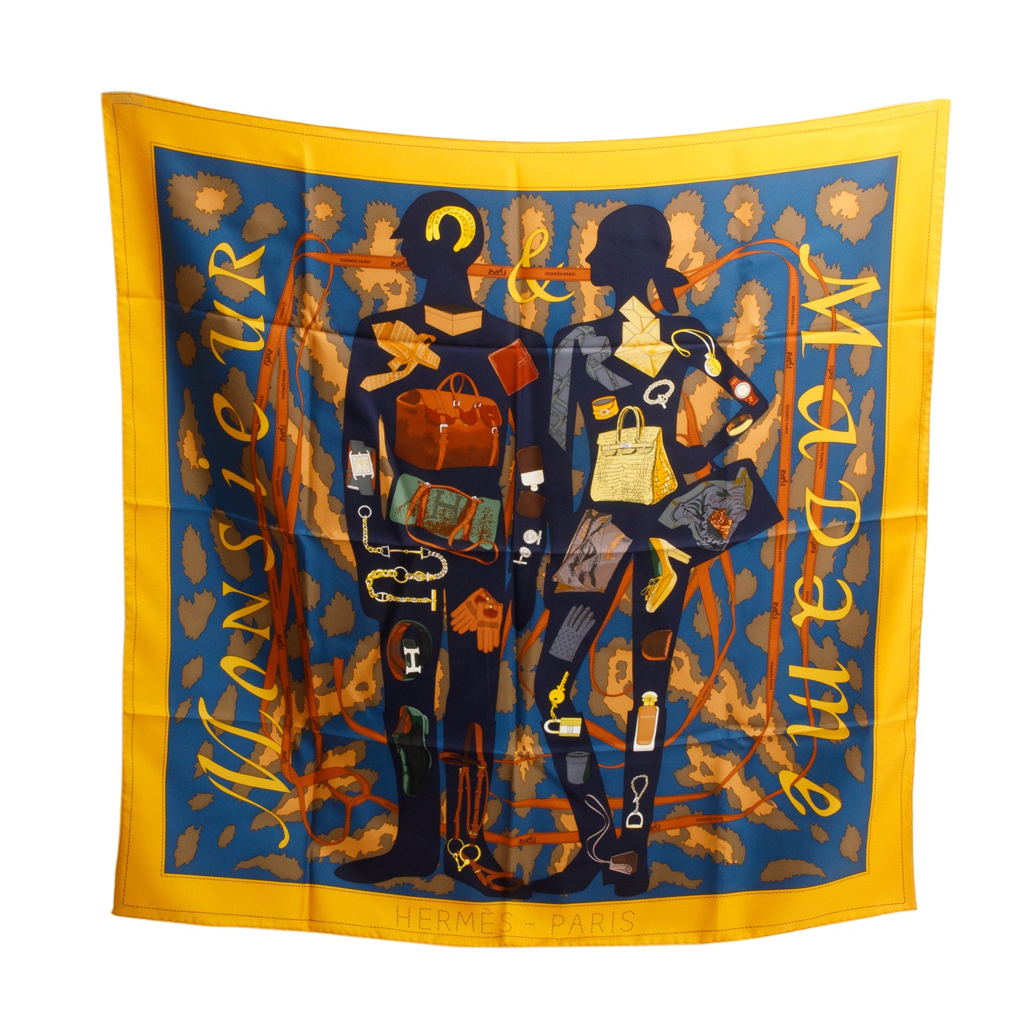 Hermes Multicolor 'Monsieur & Madame' Silk Scarf 90 w/ Box
