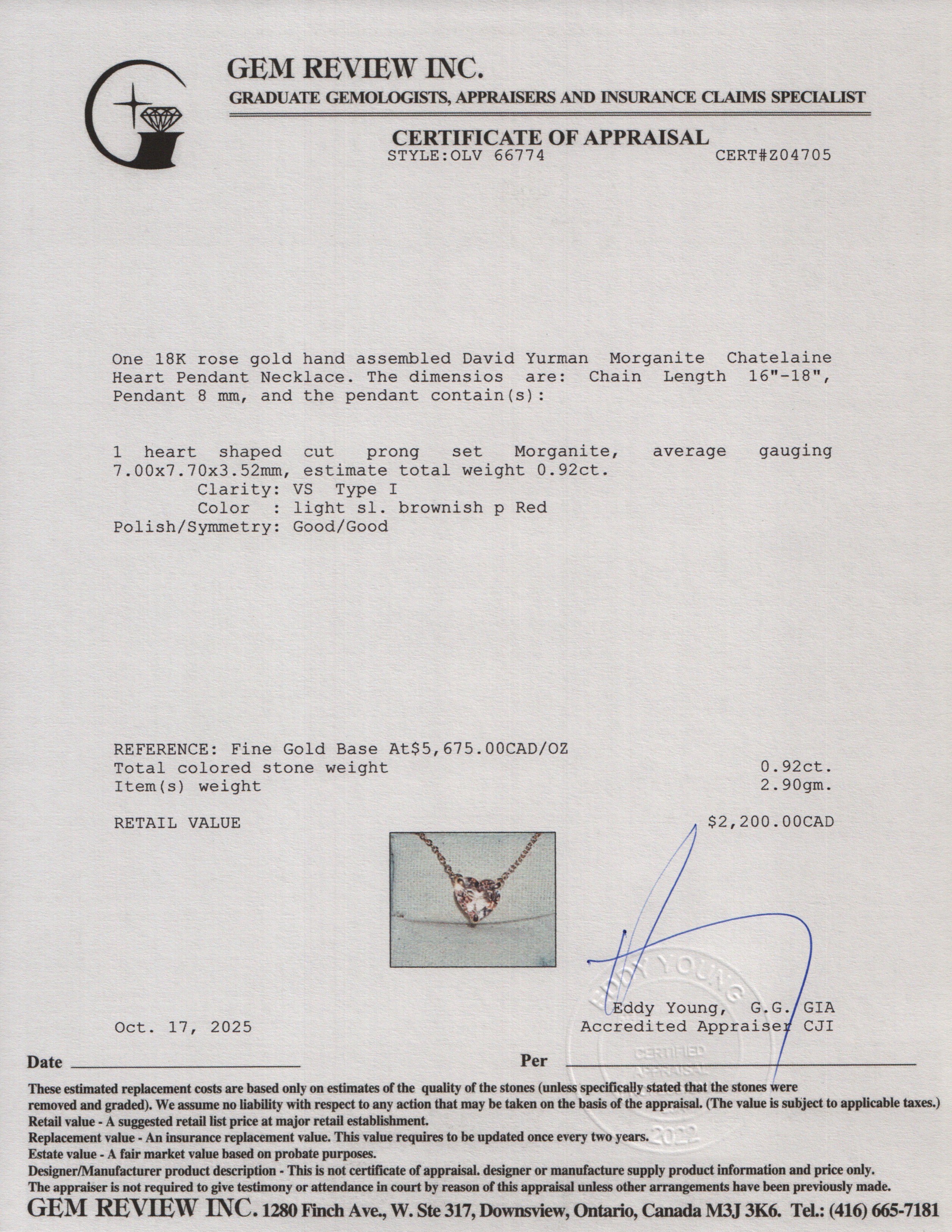 David Yurman 18k Rose Gold & Morganite Chatelaine Heart Pendant Necklace, 8 MM