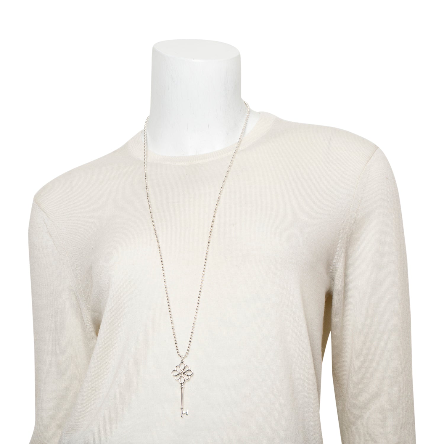 Tiffany & Co. Sterling Silver Large Love Knot Key Pendant on Beaded Chain Necklace