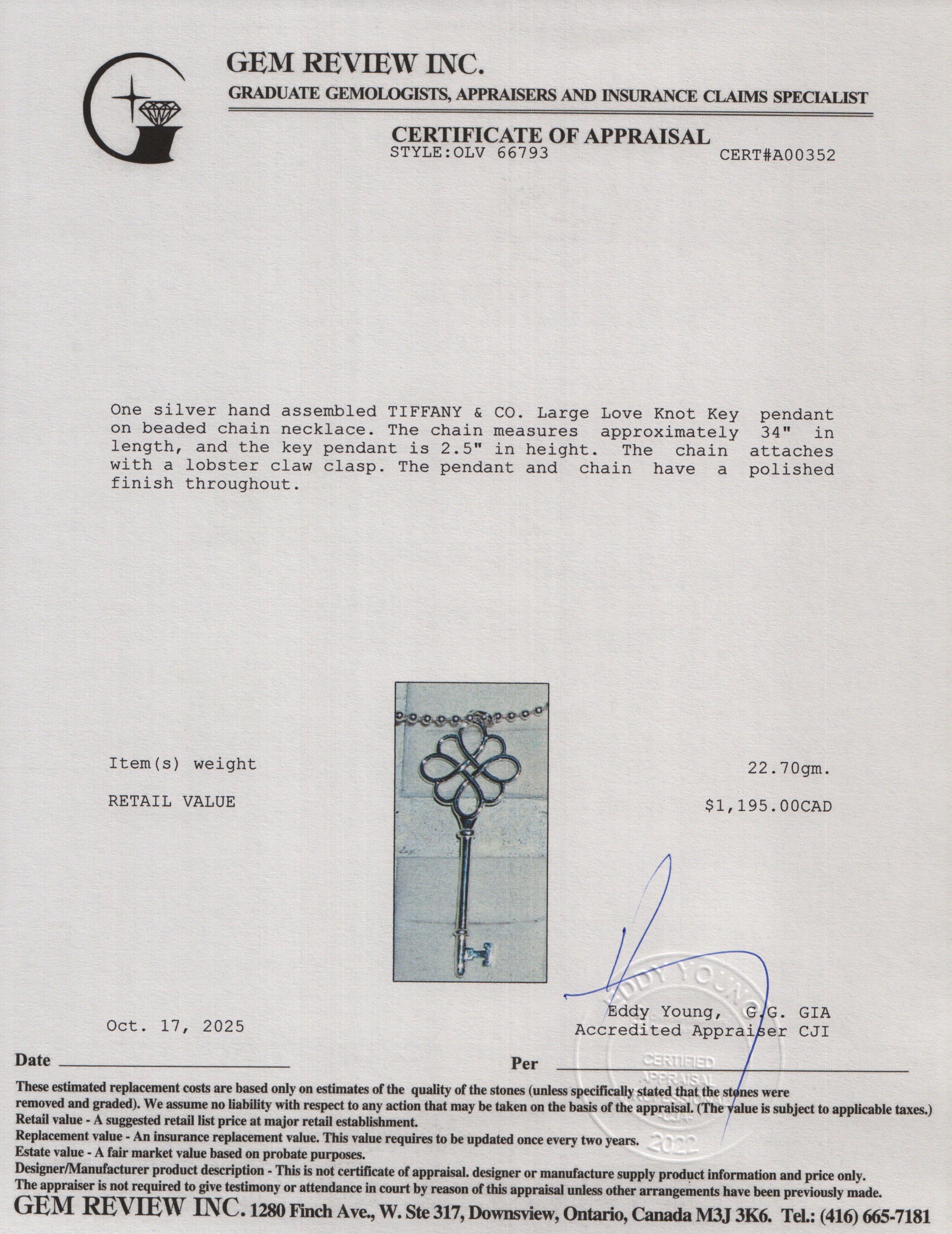 Tiffany & Co. Sterling Silver Large Love Knot Key Pendant on Beaded Chain Necklace