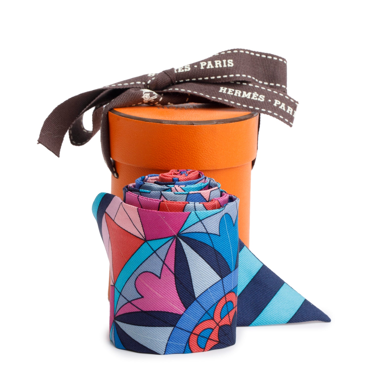 Hermes Pink Multicolor 'Rose de Compas' Silk Twilly w/ Box