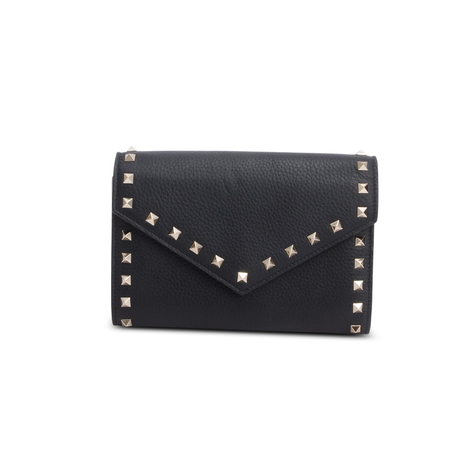 Valentino Black Pebbled Leather Calfskin Rockstud Envelope Wallet on Chain